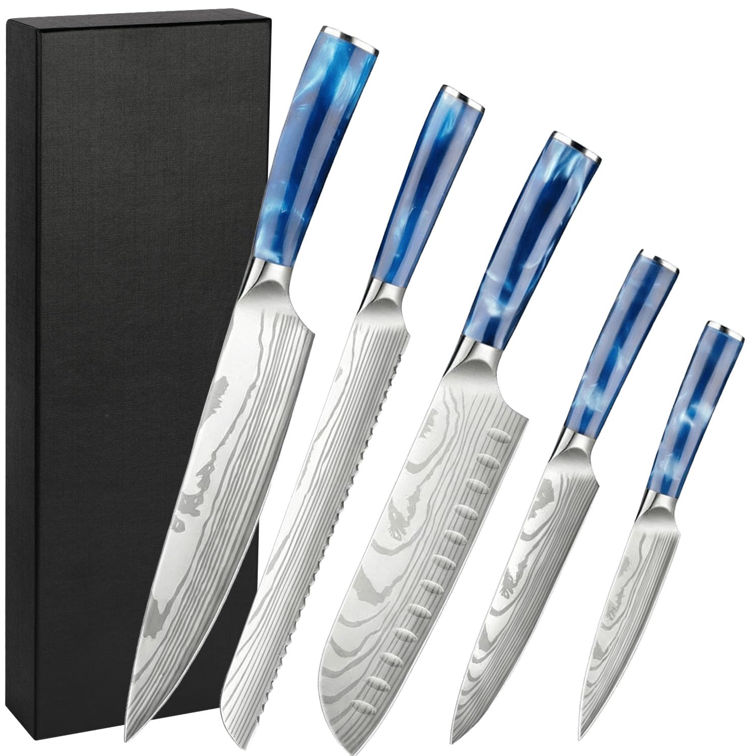 Set de 5 Couteau de Cuisine - Style Japonais, Couteau Cuisine en Acier Inoxydable à Haute Teneur en Carbone,Lames Ultra-Tranchantes & Manches Ergonomiques - Idée Cadeau avec Coffret Inclus