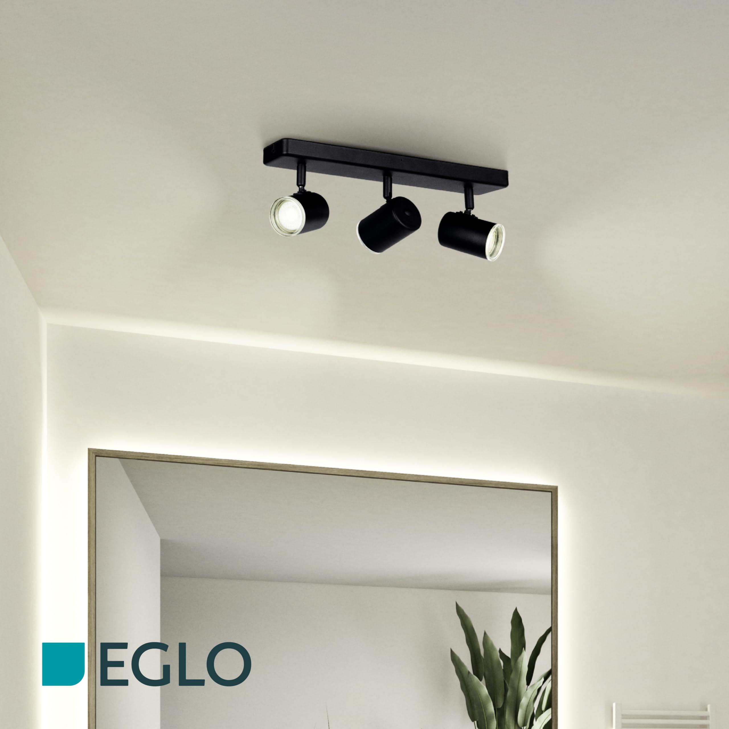 Eglo Consuma 1 Lámpara de techo con 3 focos, para salón y baño, fabricada en acero de color negro, con casquillo GU10 y protección contra salpicaduras IP44