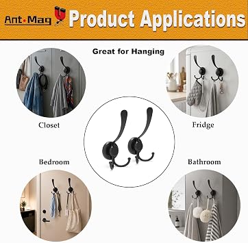 Ant Mag Magnetic Hooks Heavy Duty Sturdy Coat Hooks Strong Magnet Wall Double Hooks for Hanging Coats Robes Backpacks Bags Hats Keys Mugs Cups Towels