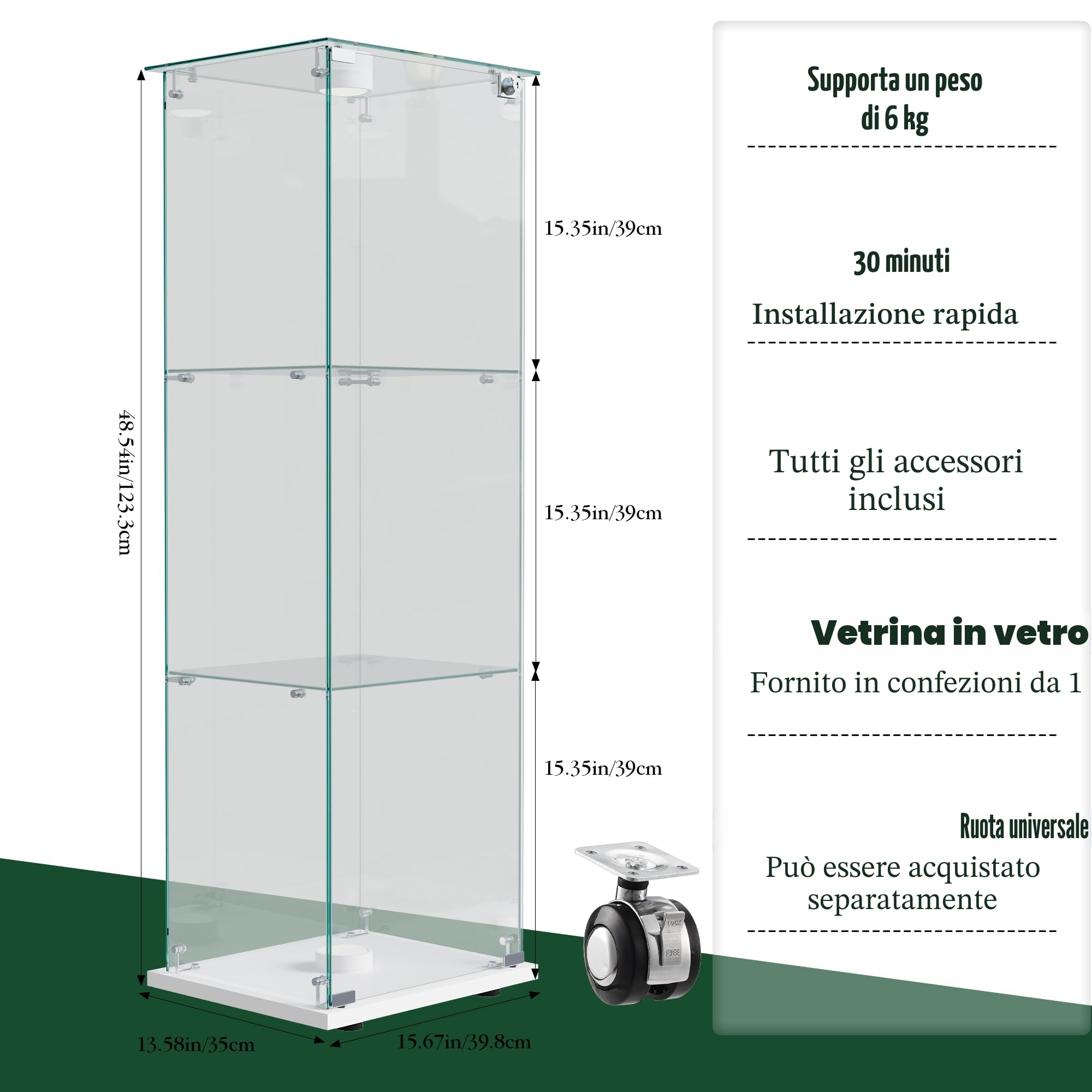 Vetrinetta Da Parete, Vetrina espositiva 3 tier con LED, vetrina in vetro temperato, mobile vetrina per collezioni modellini vino gioielli, armadio espositivo soggiorno, nero, 42 x 36 x 125 cm