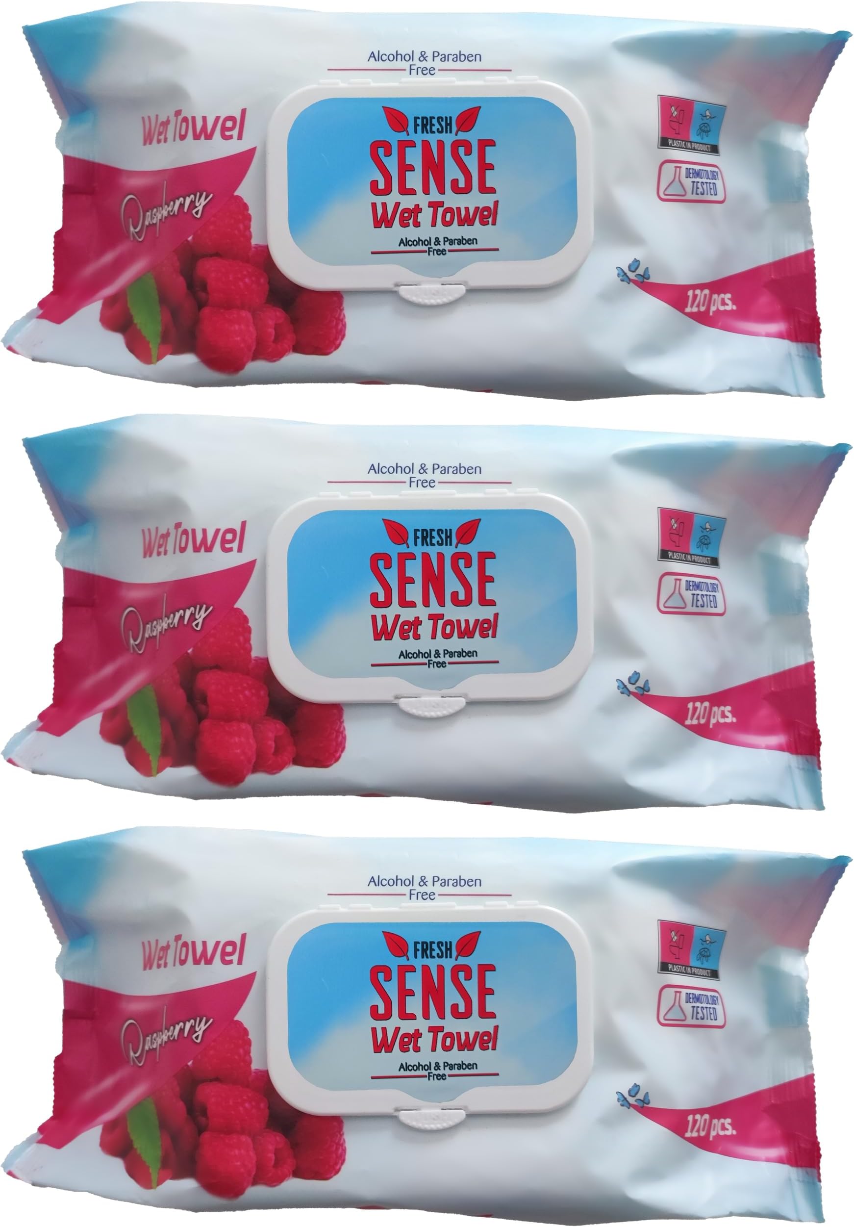 Fresh SenseBaby Wipes 98.6% Purified Water Wipe NO Alcohol Paraben 120 pcs PACK of 3 (TOTAL 360 pcs) Dermatologically Tested Thick, Protecting, Gentle Wet Wipes for Baby RASPBERRY