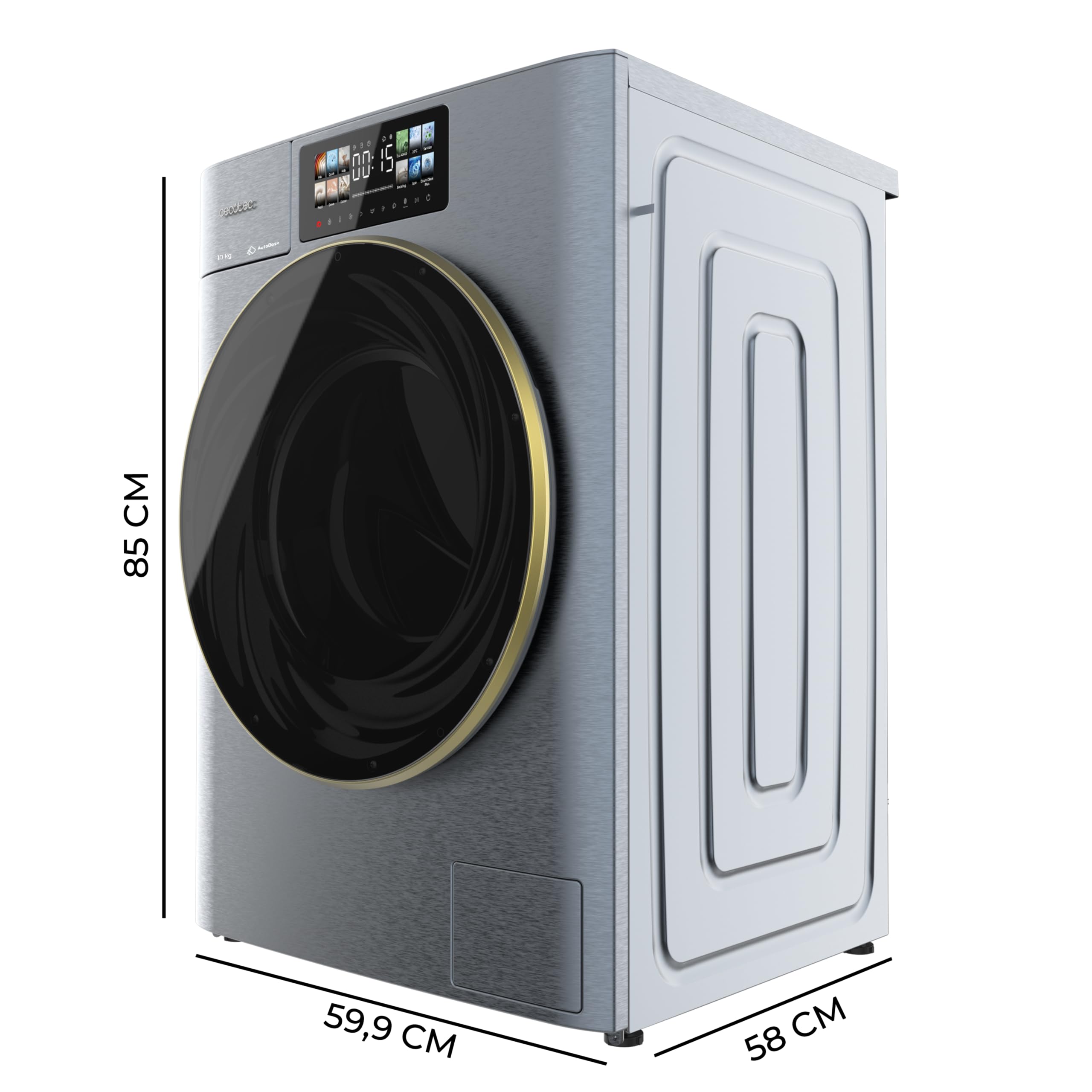 Cecotec Lavasciuga 10-6Kg Carica Frontale Bolero Wash&Dry 106950 Autodose Inverter 3D Titanium A. 1400 rpm, 13 Programmi, Motore Inverter Plus, Core Matrix Screen 9,2", Smooth Wash, Porta XXL