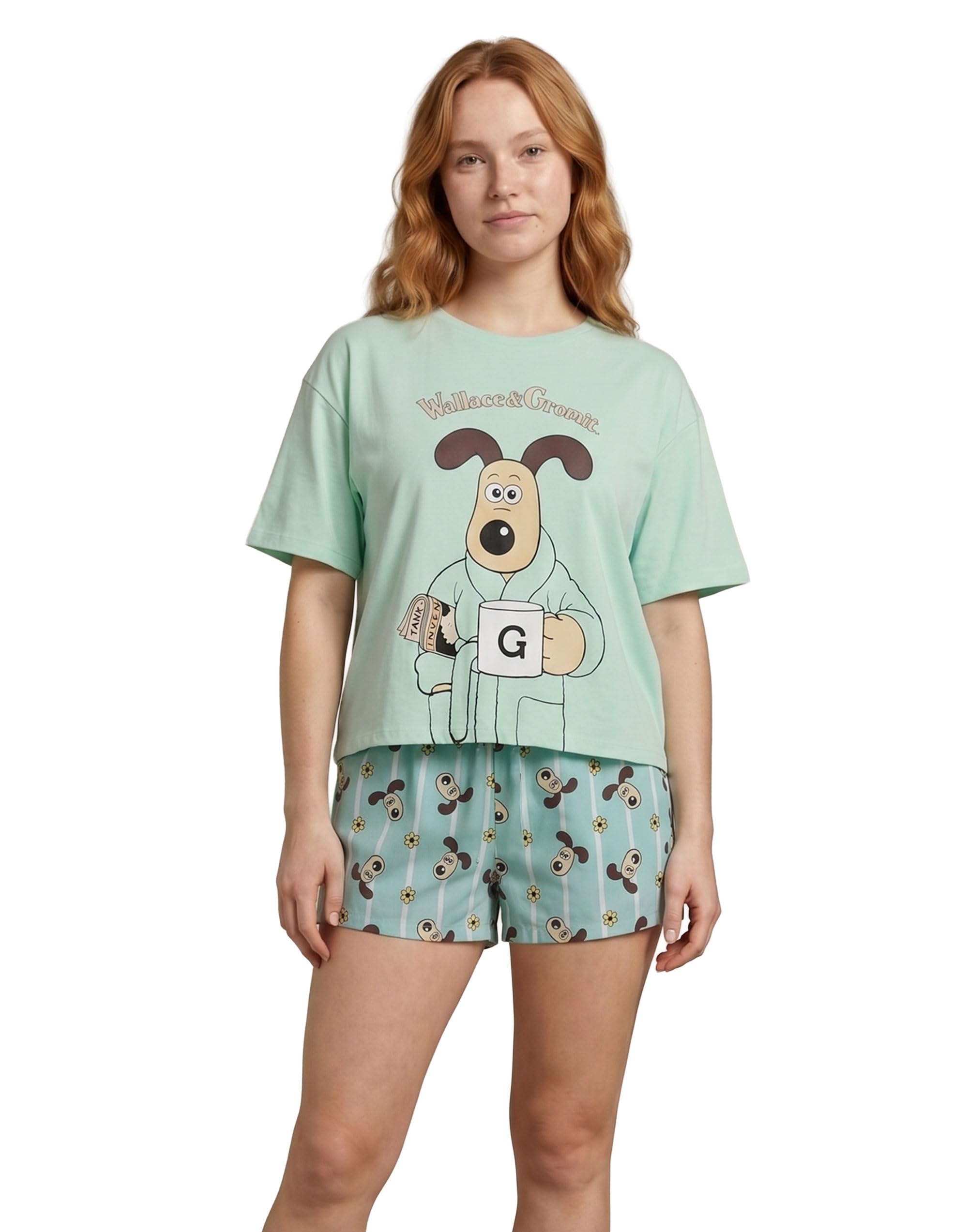Vanilla Underground Women's Green Wallace & Gromit Mint Pyjama Set | Short Sleeve T-Shirt & Shorts | Gromit Graphic Print Cotton Nightwear | Television Merch