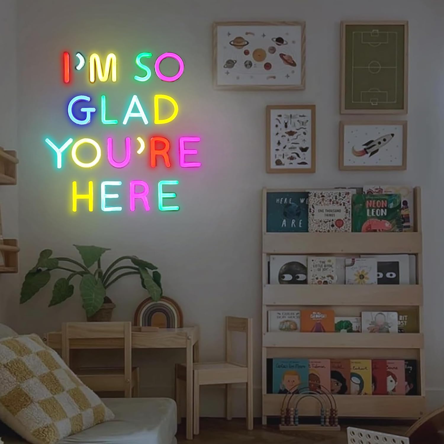 I’m So Glad You’re Here Neon Sign Led Hanging Motivational Quote Lights Signs Wall Art Decor for Classroom Office Home Room Gym School Decoration 20 inches