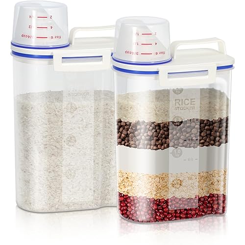 TBMax Rice Cereal Container Oatmeal Dispenser - 2 Pack Rice Storage Container with Measuring Cup + Easy Pouring Spout, Perfect for Flour Sugar Grain Nuts Kitchen Pantry Storage Organization