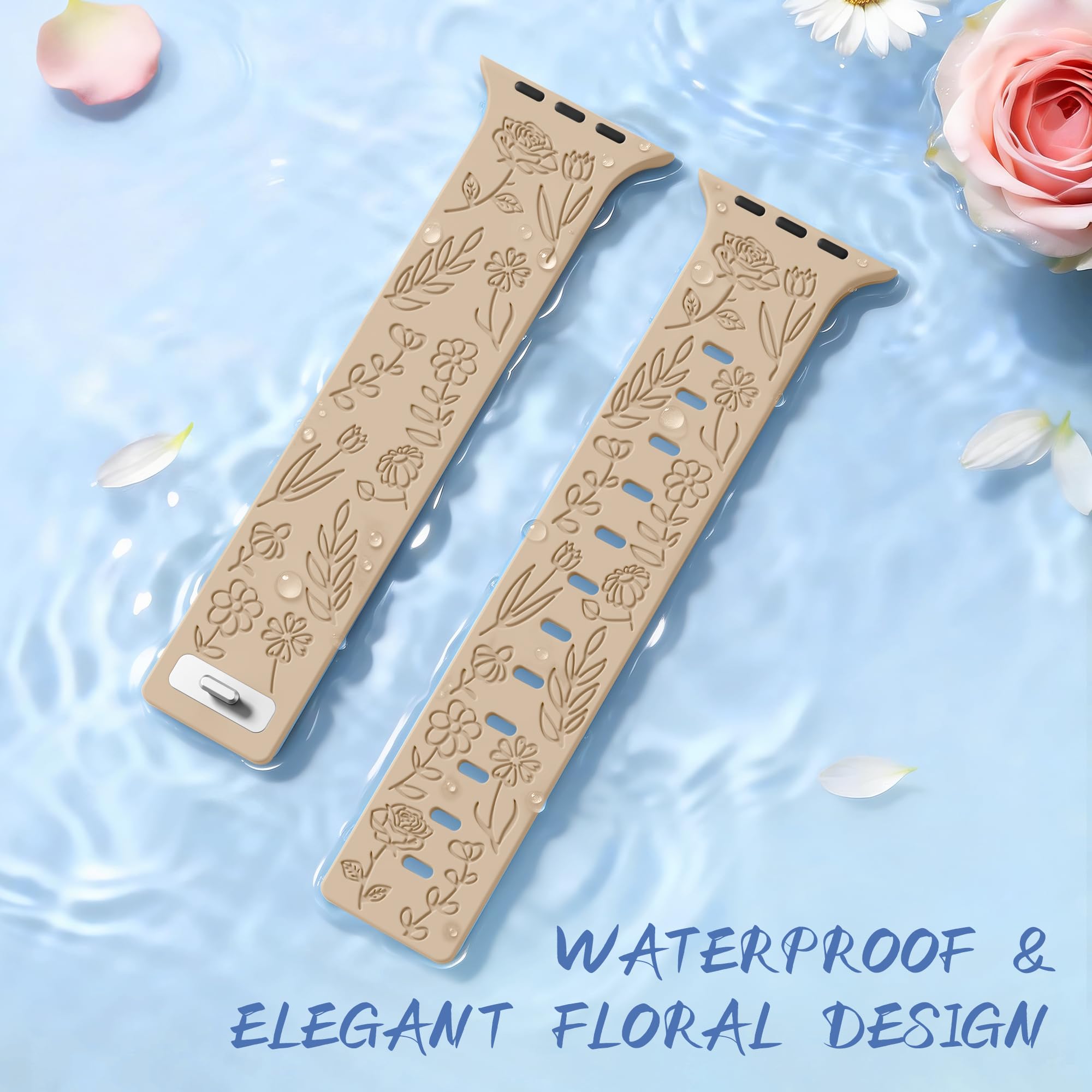 Bracelet magnétique en silicone à motif floral compatible avec les bracelets Apple Watch pour femme 40 mm, 42 mm, 41 mm, 38 mm, 44 mm, 45 mm, 46 mm, 49 mm, bracelet magnétique de sport à motif floral