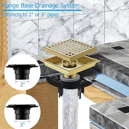 Miniatura 4 de YANCASENO Drenaje cuadrado de 6 pulgadas con brida, rejilla de patrón cuadrato extraíble, acero inoxidable SUS 304 de grado alimenticio, oro