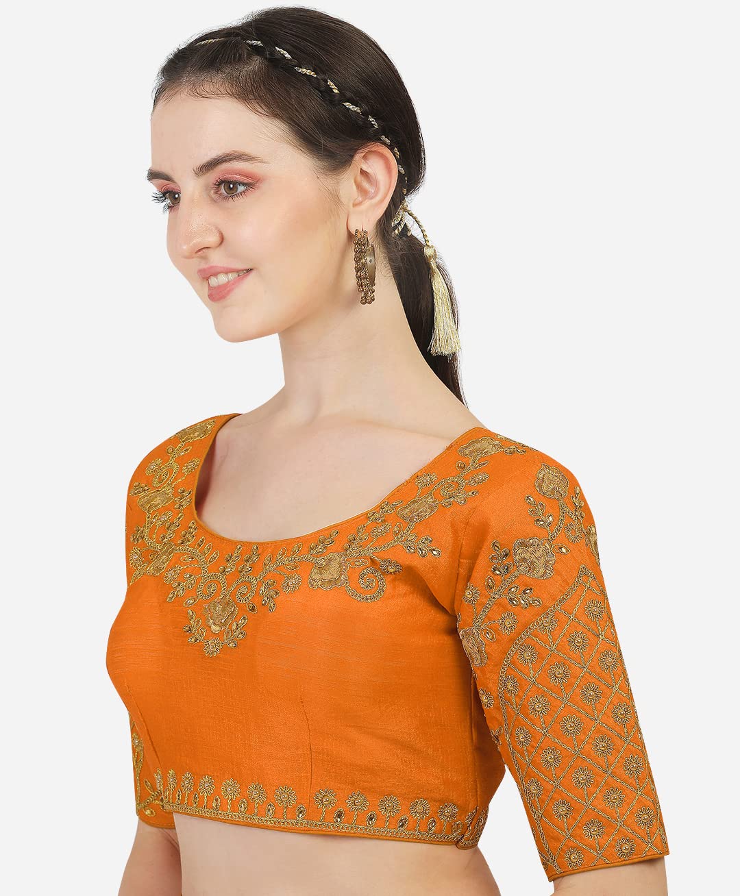 Vihu Fashion Women's Silk Floral Half Sleeve Blouse (Florall Orange 38_Orange_38)