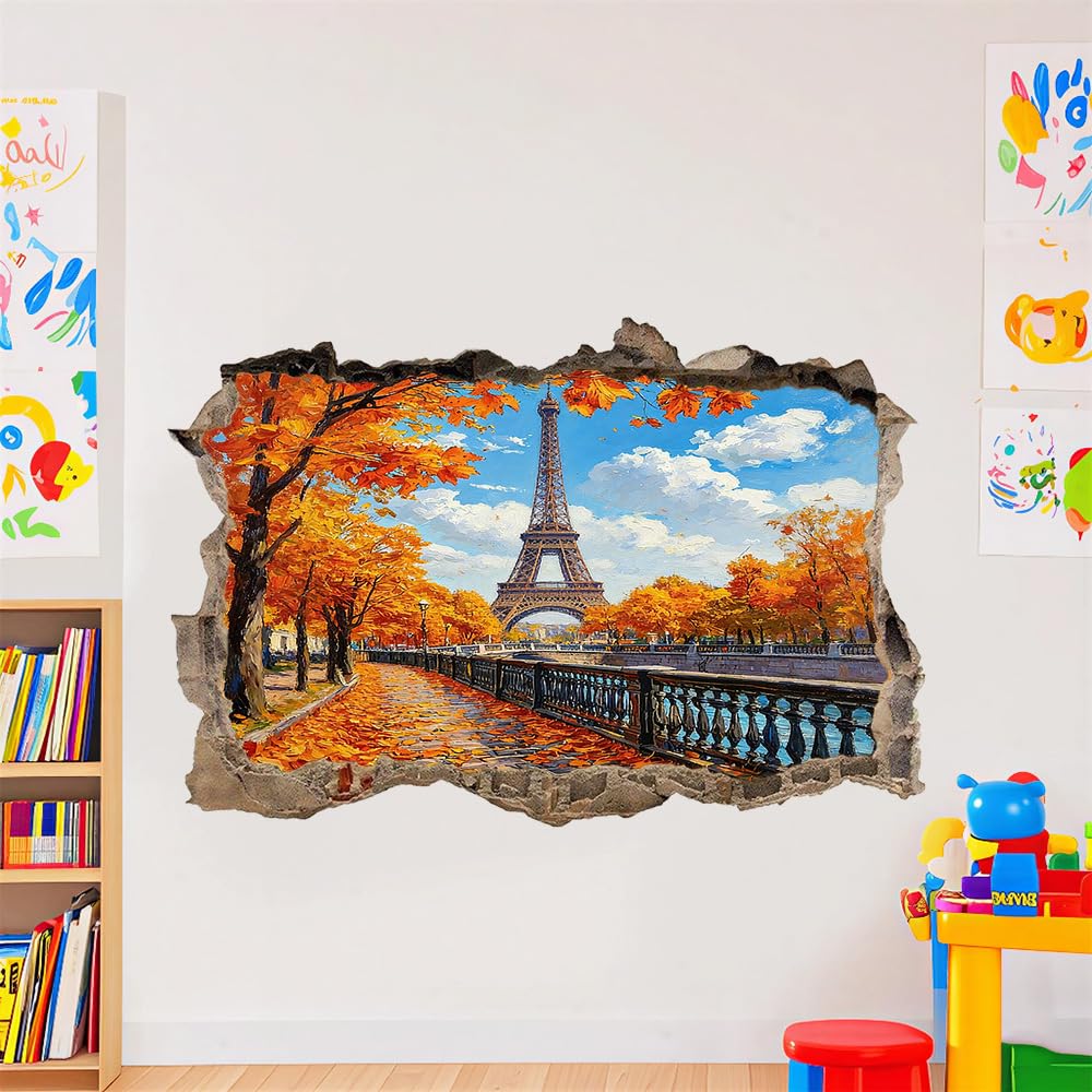 3D Wandtattoo I Wandbild Eiserner Turm Wandaufkleber I Wandsticker Durchbruch Herbstlandschaft Entlang Der Straße Poster Fensterblick I Wand Deko Aufkleber für Wohnzimmer Schlafzimmer Türaufkleber