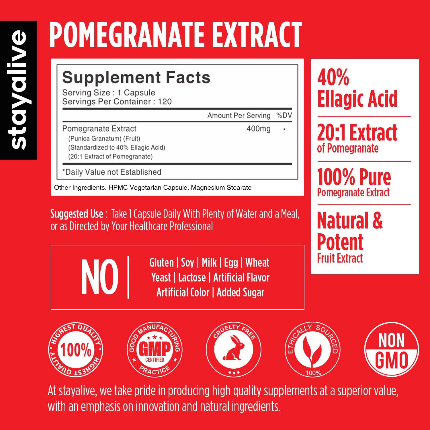 STAY ALIVE Pomegranate Extract Capsules, 20:1 Super Extract with 40% Ellagic Acid, 120 Count, Extra Strength Powder, All Natural Non-GMO and Gluten-Free Pomegranate Supplement for Women and Men - Image 2 thumbnail