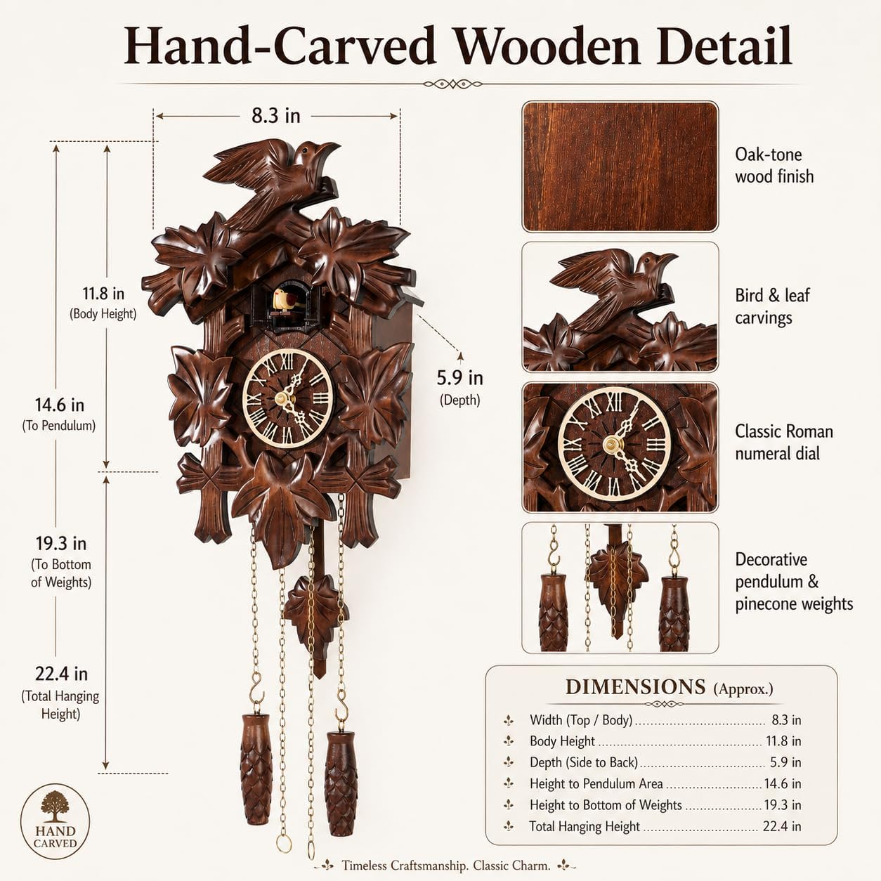Cuckoo Clock, Black Forest Style Wooden Pendulum Quartz Wall Clock, Volume Control, Night Silent, Gift Package, Professional Service
