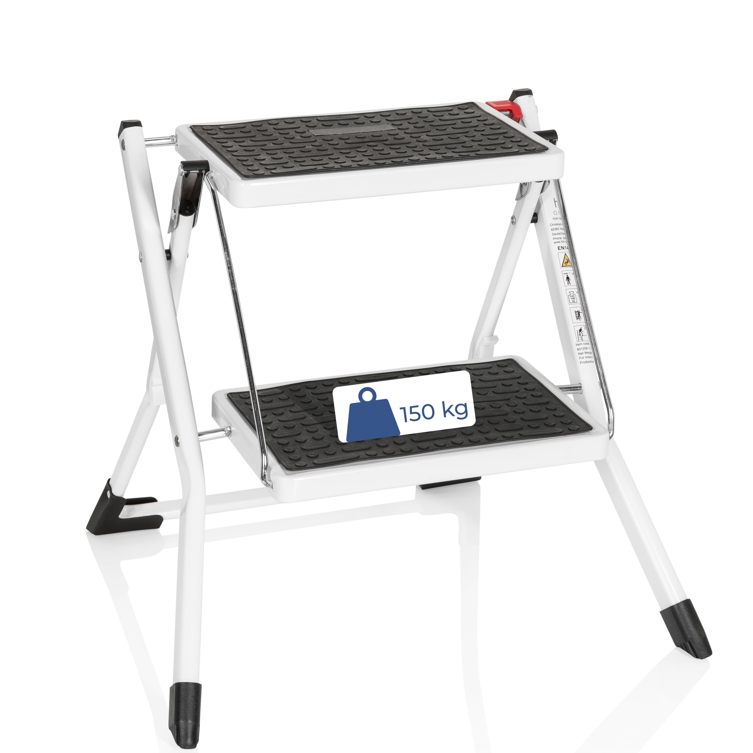 hjh OFFICE 801200 Escalera portátil de 2 Pasos con asa Solid W1 Acero Blanco Taburete Plegable de Doble Lado, Escalera Delgada para el hogar