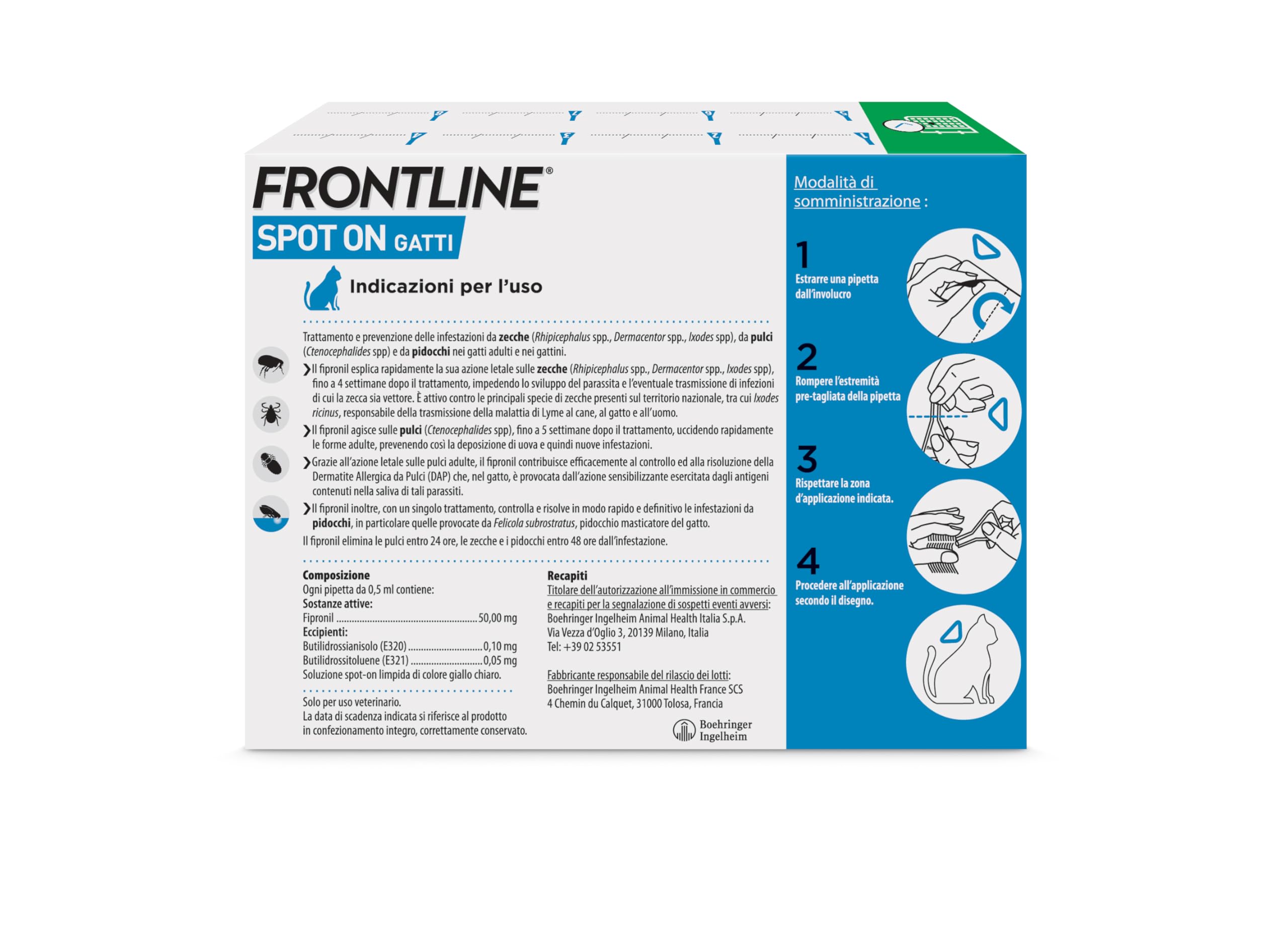 FRONTLINE Spot On, 4 e 4 Pipette, Gatto, Antiparassitario per Gatti e Gattini di Lunga Durata, Protegge da Zecche, Pulci e Pidocchi, Antipulci in Confezione da 8 Pipette da 0.5 ml