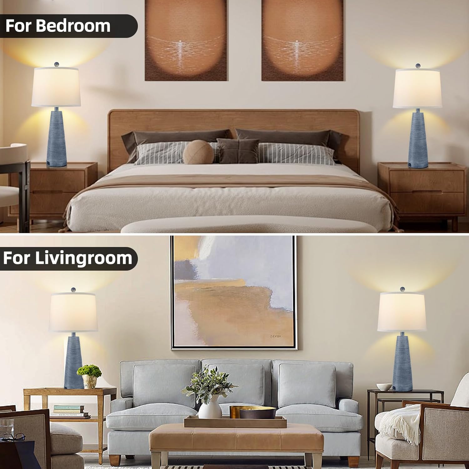 Terpsichore Nightstand Lamp Bedside Lamps Set of 2 Vintage Rustic Farmhouse Table Lamp 3 Way Dimmable Horizontal Stripe Light,Suitable for Living Room Bedroom,with Linen Shade LED Bulb,USB A C Port