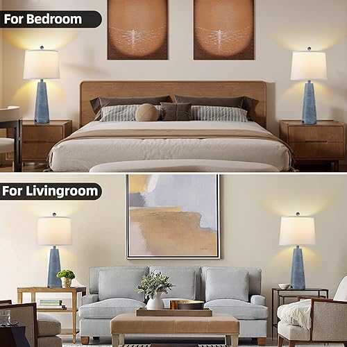 Miniatura 4 de Terpsichore Juego de 2 lámparas de mesita de noche, estilo vintage, rústica, de granja, de 3 vías, luz de rayas horizontales, regulable, adecuada