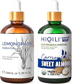 HIQILI Lemongrass Essential Oil and Sweet Almond Oil, 100% Pure Natural for Diffuser - 3.38 Fl Oz