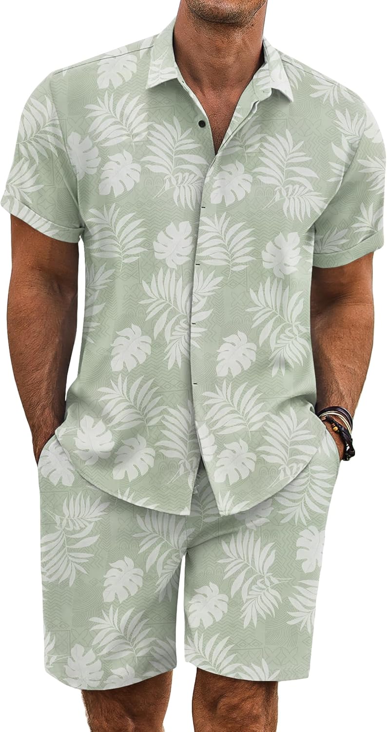 COOFANDY Men's Summer Beach Outfits 2 Piece Short Sleeve Shirts and Shorts Vacation Texture Linen Sets for Men