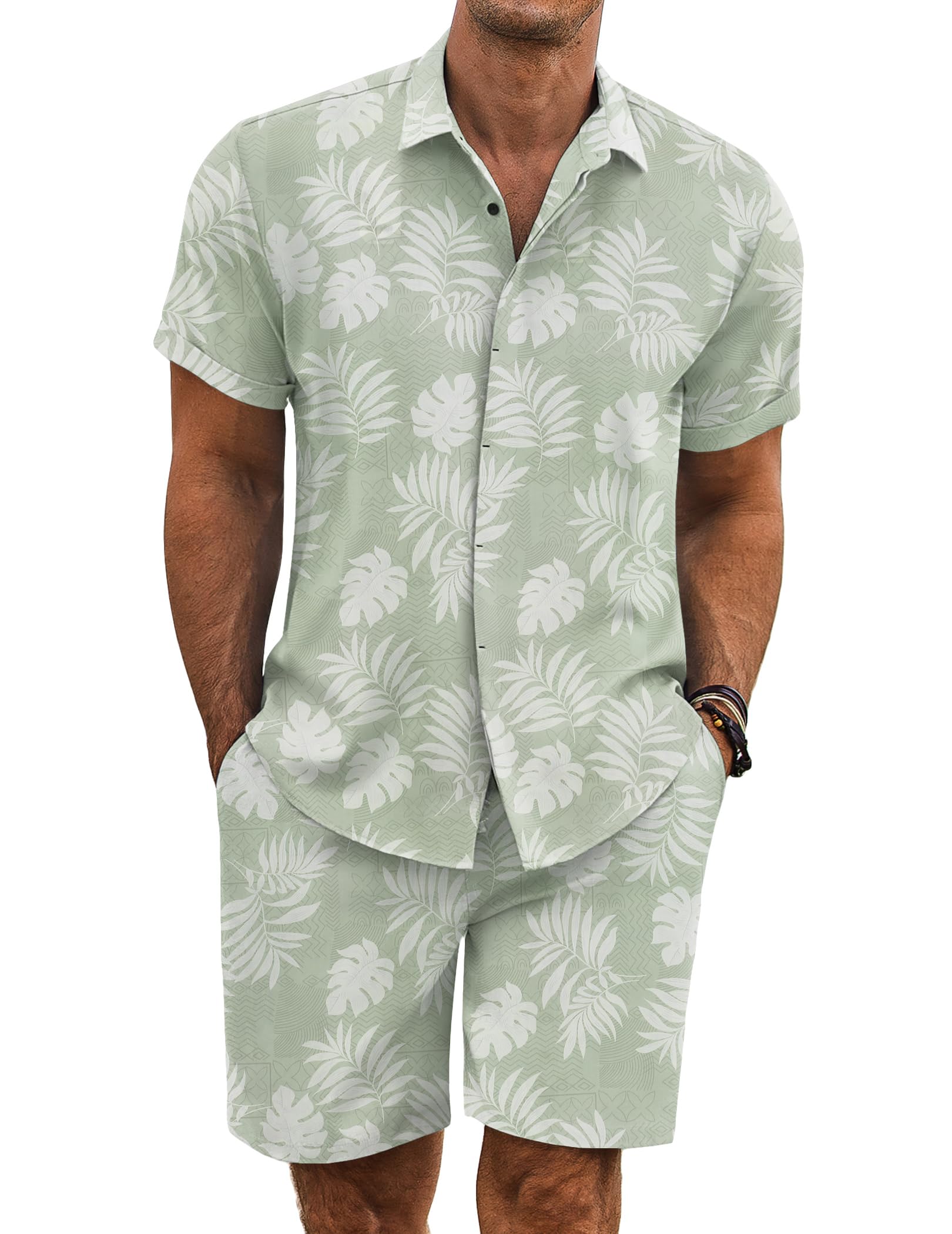 COOFANDY Men's Summer Beach Outfits 2 Piece Short Sleeve Shirts and Shorts Vacation Texture Linen Sets for Men