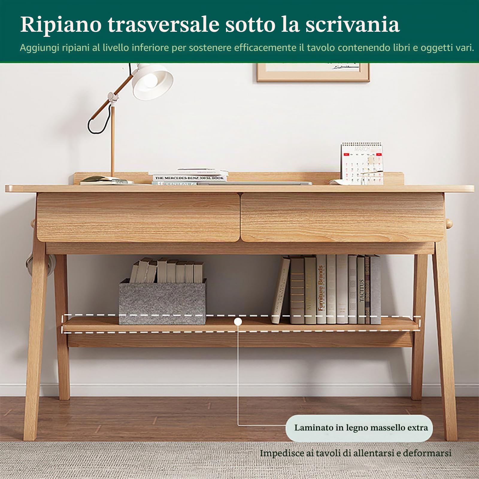 Scrivania in legno massiccio con cassetti, scrivania per computer con ripiani di archiviazione, scrivania per ufficio con ganci, scrivania di metà secolo, scrivania dello studio, workstation tavolo