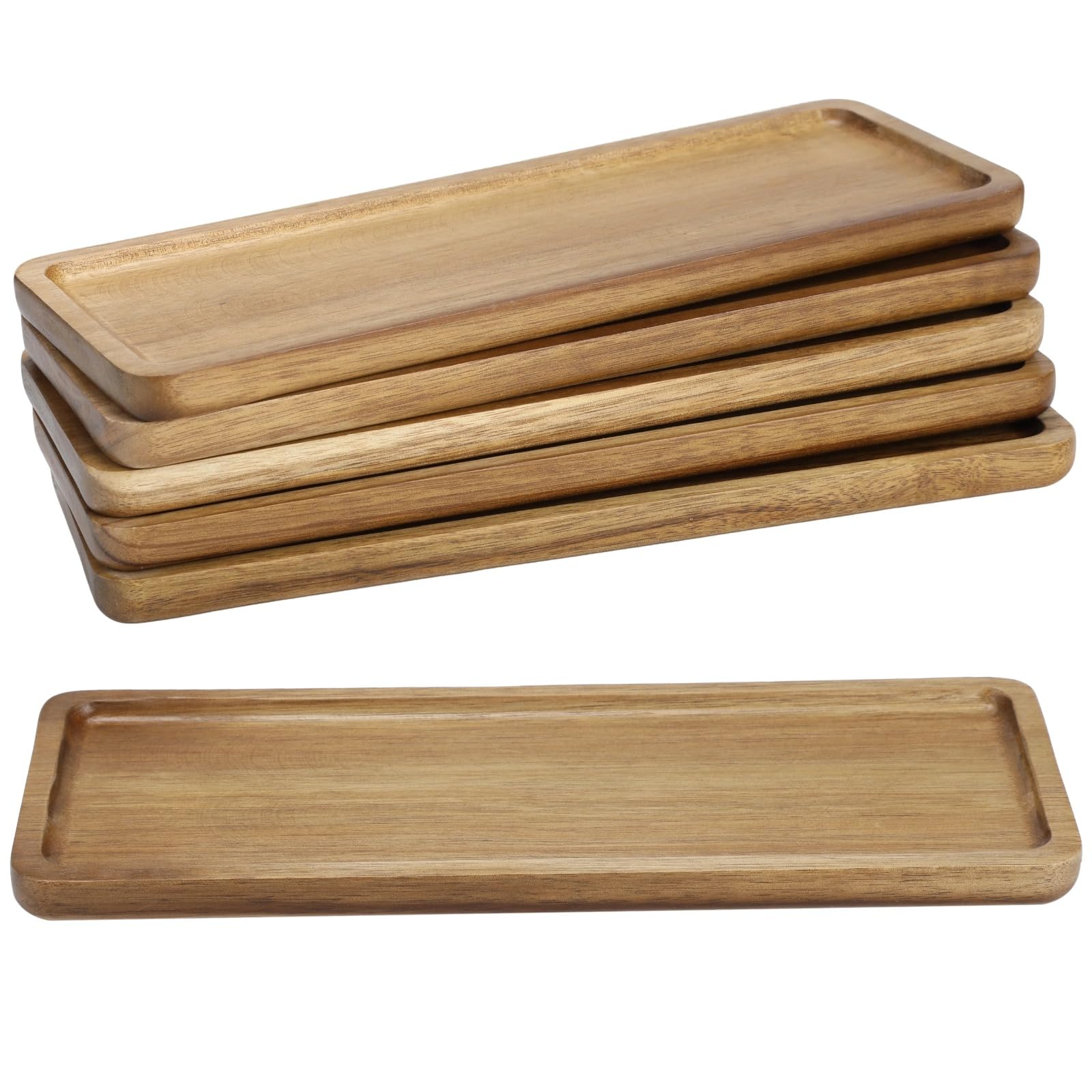 6 Pcs Acacia Wood Serving Tray - Japanese Style Wooden Serving Tray, 29 x 10.5CM Rectangular Wooden Platter for Home Kitchen, Countertop Organizer, Stackable, Unique Texture