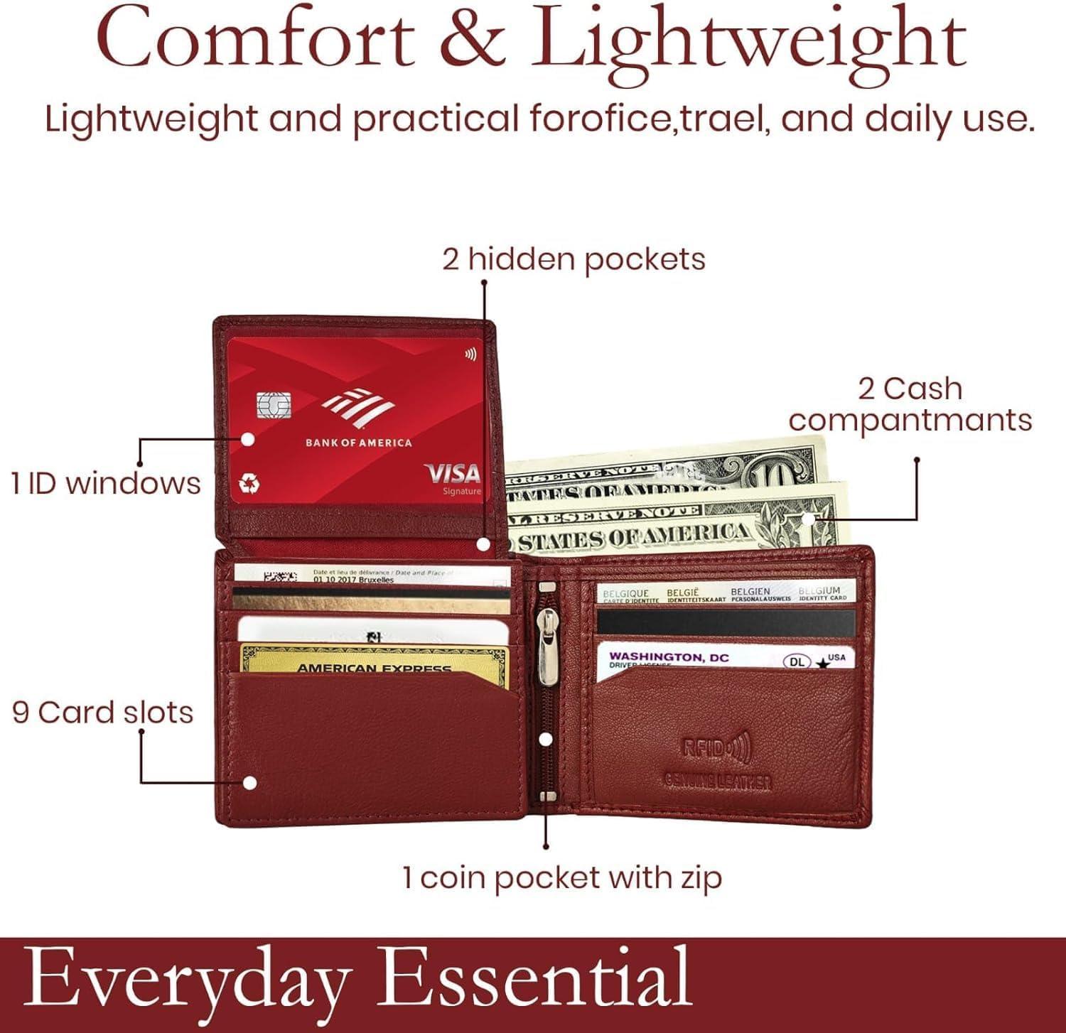 Genuine Leather RFID Blocking Wallet for Men | Slim Bifold Design with Zipper Coin Pocket, ID Window & Multiple Card Slots (Red) - Image 8