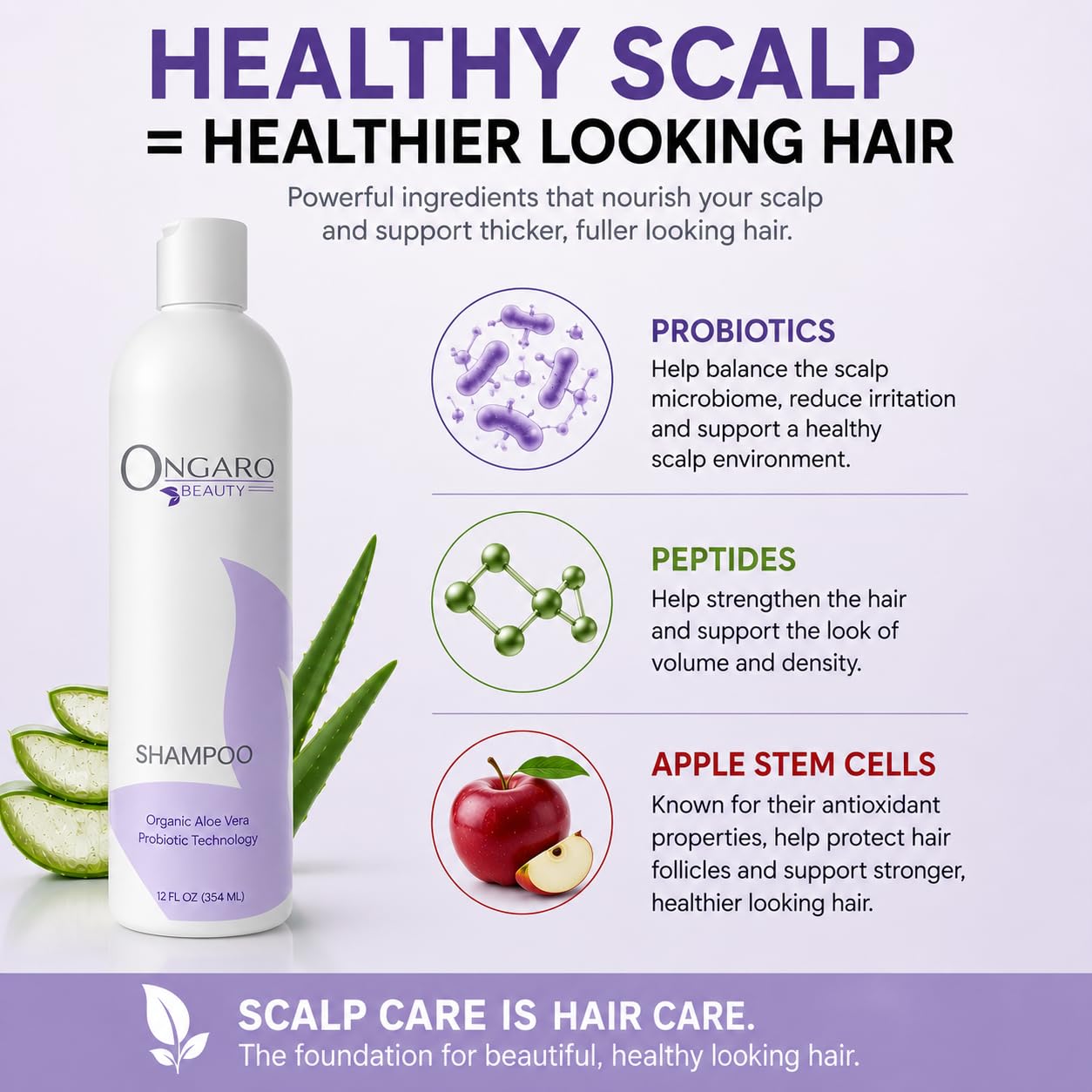 Ongaro Beauty szampon do codziennego użytku, naturalny, bez siarczanów dla mężczyzn i kobiet, bezpieczny do włosów farbowanych z technologią probiotyczną, organiczny aloes, komórki macierzyste jabłoni i peptyde; 30 ml