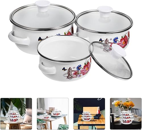 Miniatura 2 de Amosfun Juego de 3 ollas esmaltadas con tapa, olla de cocina retro de flores, olla de sopa vintage, olla de estofado para cocinas de inducción,
