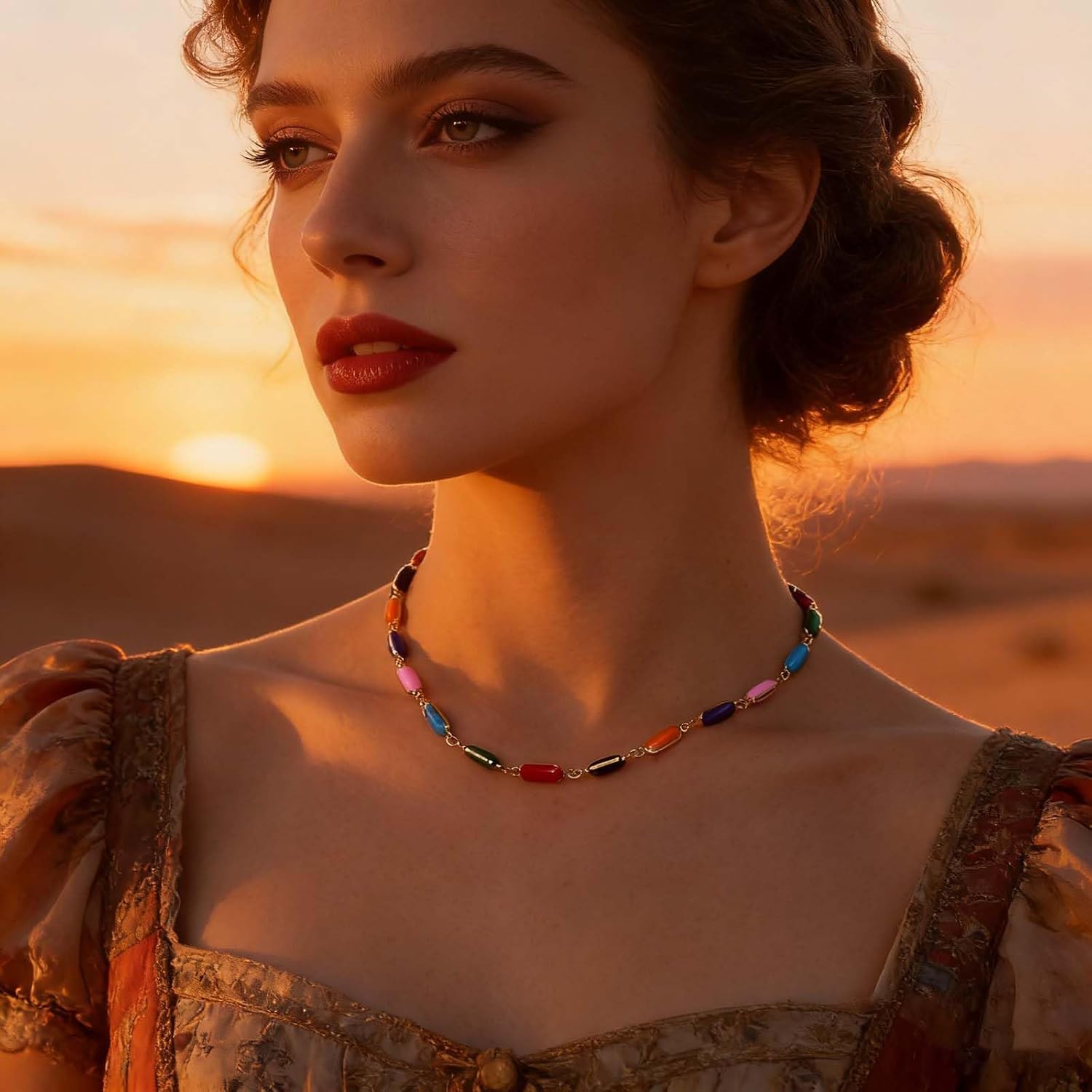 Andelaisi Vintage Colorful Gemstone Choker Necklace Rainbow Gemstone Necklace Choker Multiple Color Gem Bead Necklace Rainbow Choker Necklace Jewelry for Women - Image 3