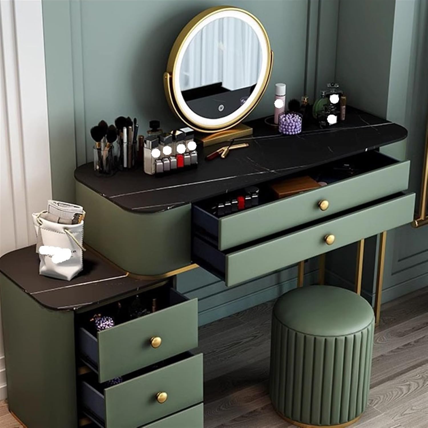 Vanity Desk, Makeup Vanity Set Dark Green Large Makeup Vanity with Mirror and Stool Vanity Desk Makeup Table with Drawers Nightstand Bedroom Furniture Makeup Dressing Table Set ( Color : Green , Size L120cm Green