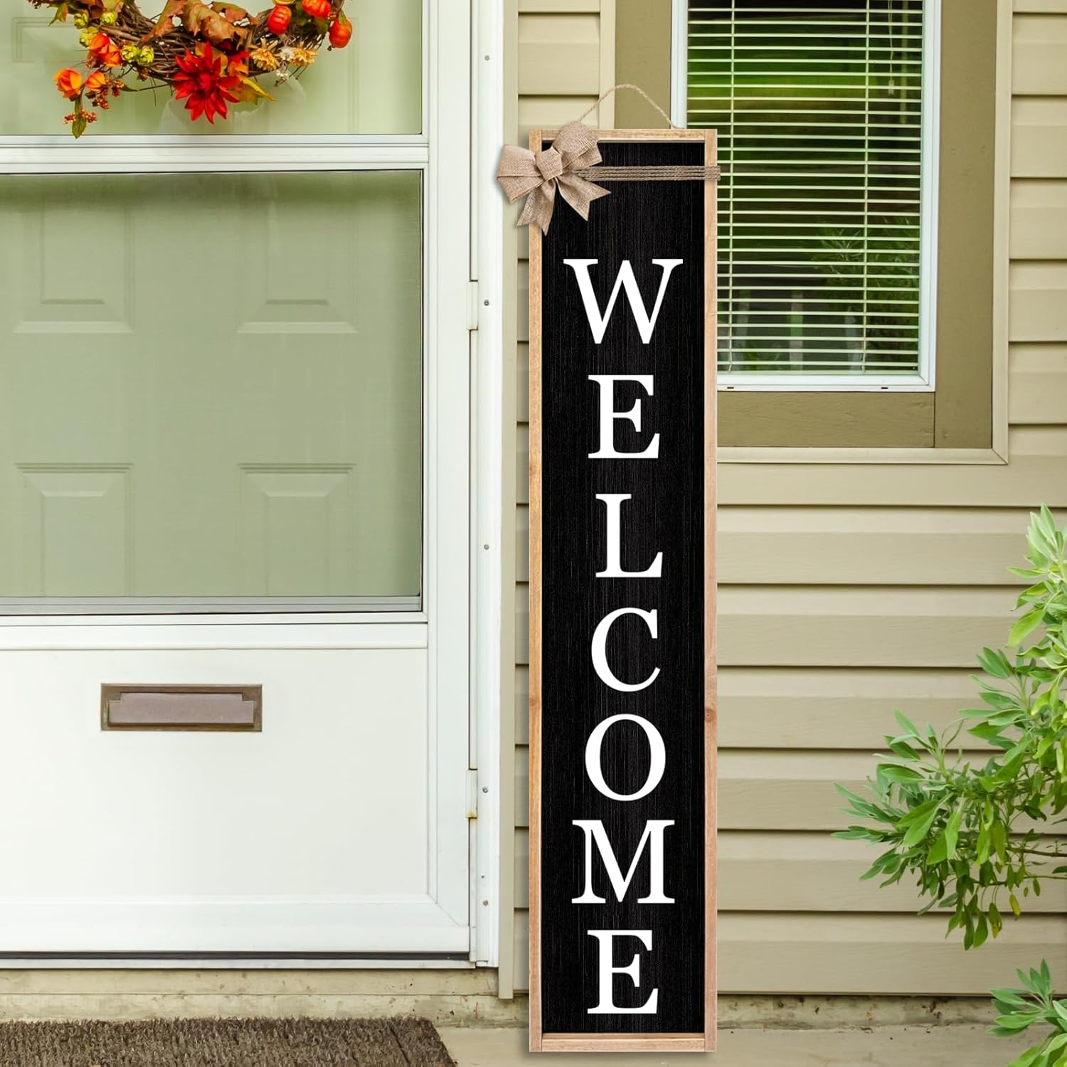 Outdoor 2in1 Welcome Sign for Front Porch Standing 45"X9" Long Vertical Leaner Tall Wood Framed Modren Rustic Farmhouse Large Home Sweet Home Signs Front Door For Outside Decor (Wood Black)