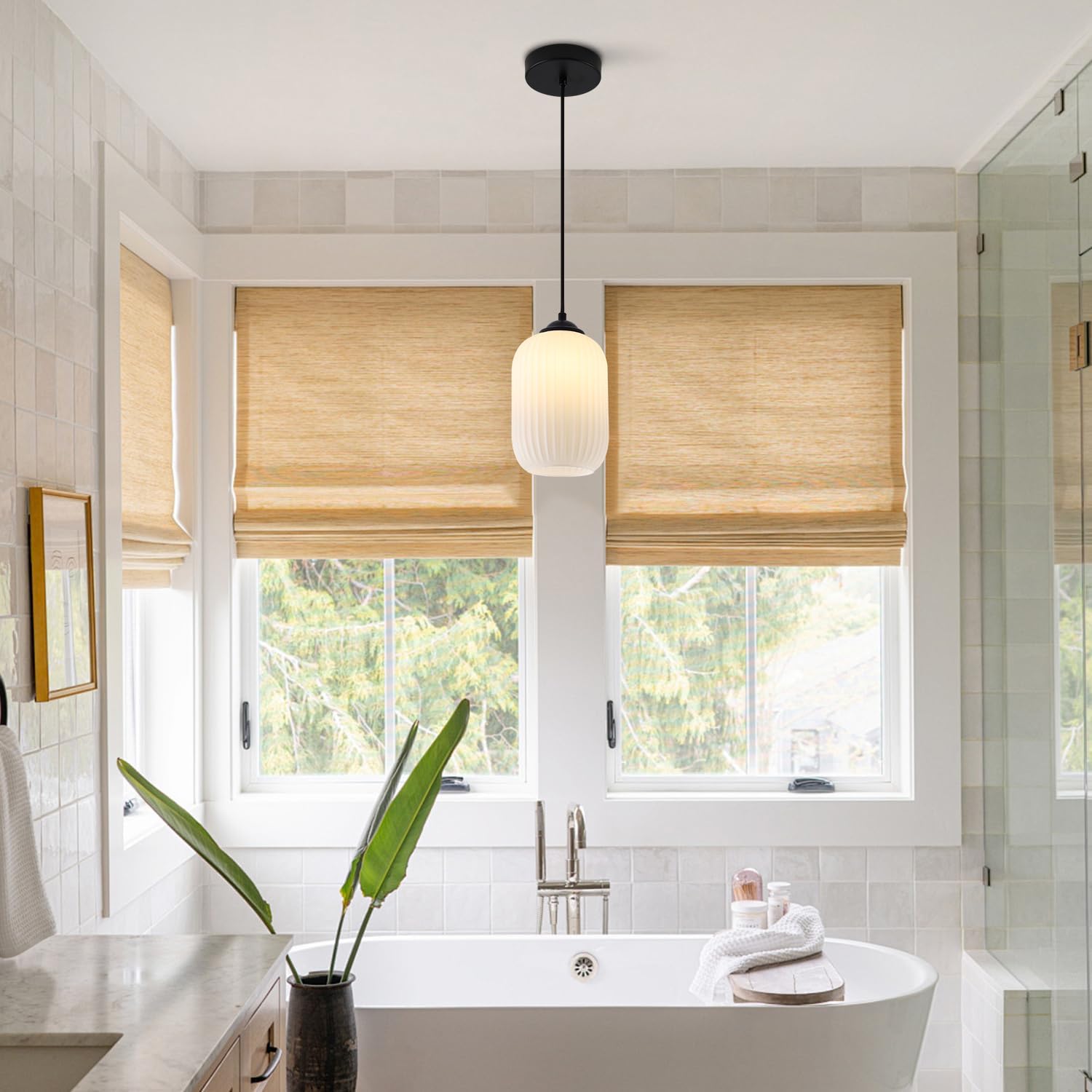 KCO Lighting Small Black Pendant Lighting Striped Glass Pendant Light Milk Glass Pendant Lights Kitchen Island Modern Farmhouse Hanging Pendant Light for Dining Room Living Room