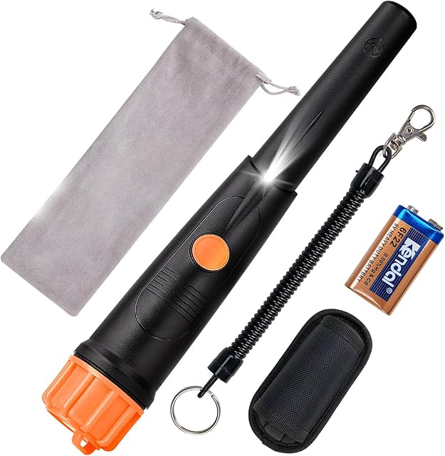 SUNPOW Wykrywacz Metalu Pinpointer - IP68 Całkowicie Wodoodporny Wykrywacz Metali 360° z Kaburą na Pasek, Brzęczyk Wibracja Dźwięk (Trzy Tryby), Baterią 9 V i Aksamitną Torbą w Zestawie, Czarny