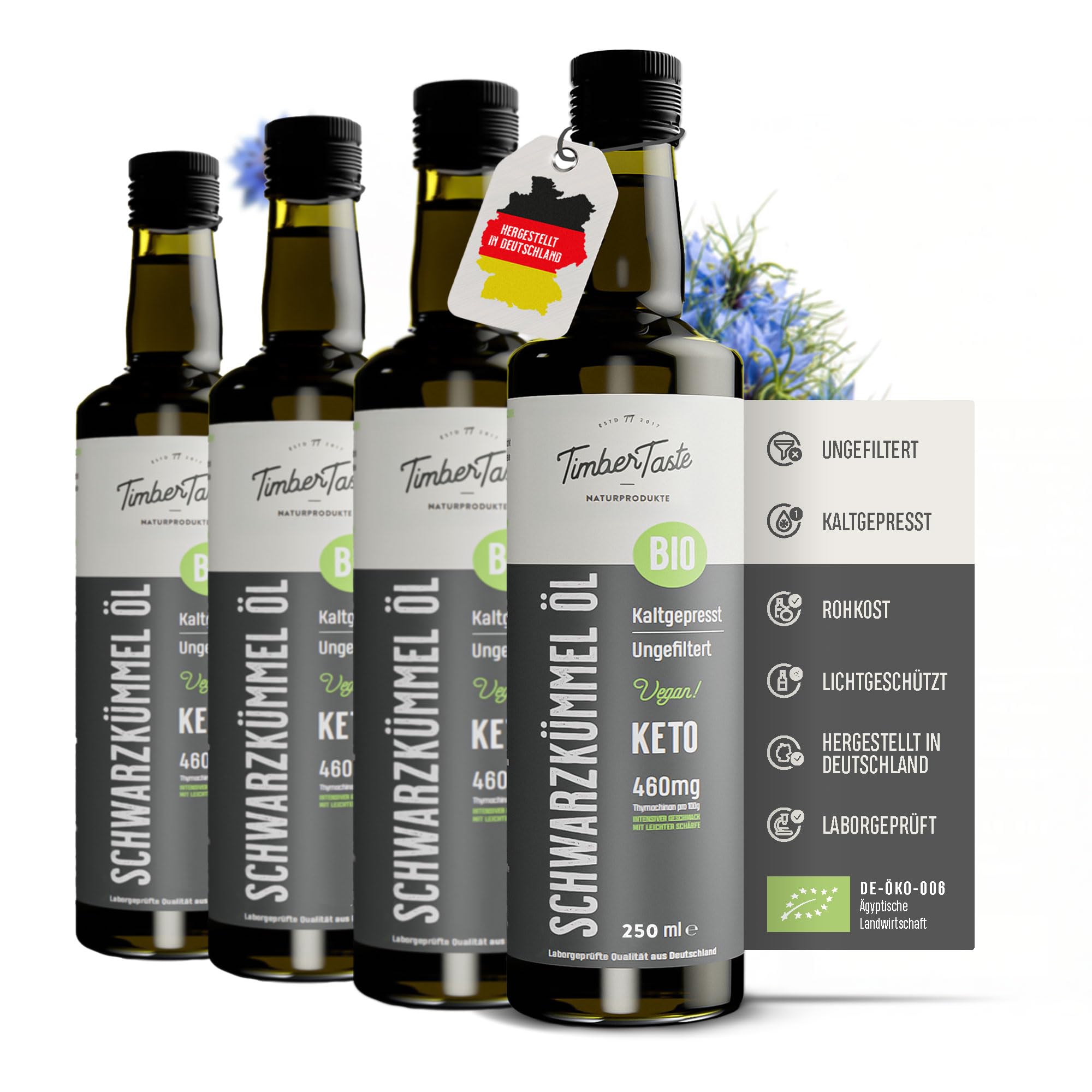 Kaltgepresstes Schwarzkümmelöl Bio ohne Zusatzstoffe & ungefiltert (4×250ml) 250 ml (4er)