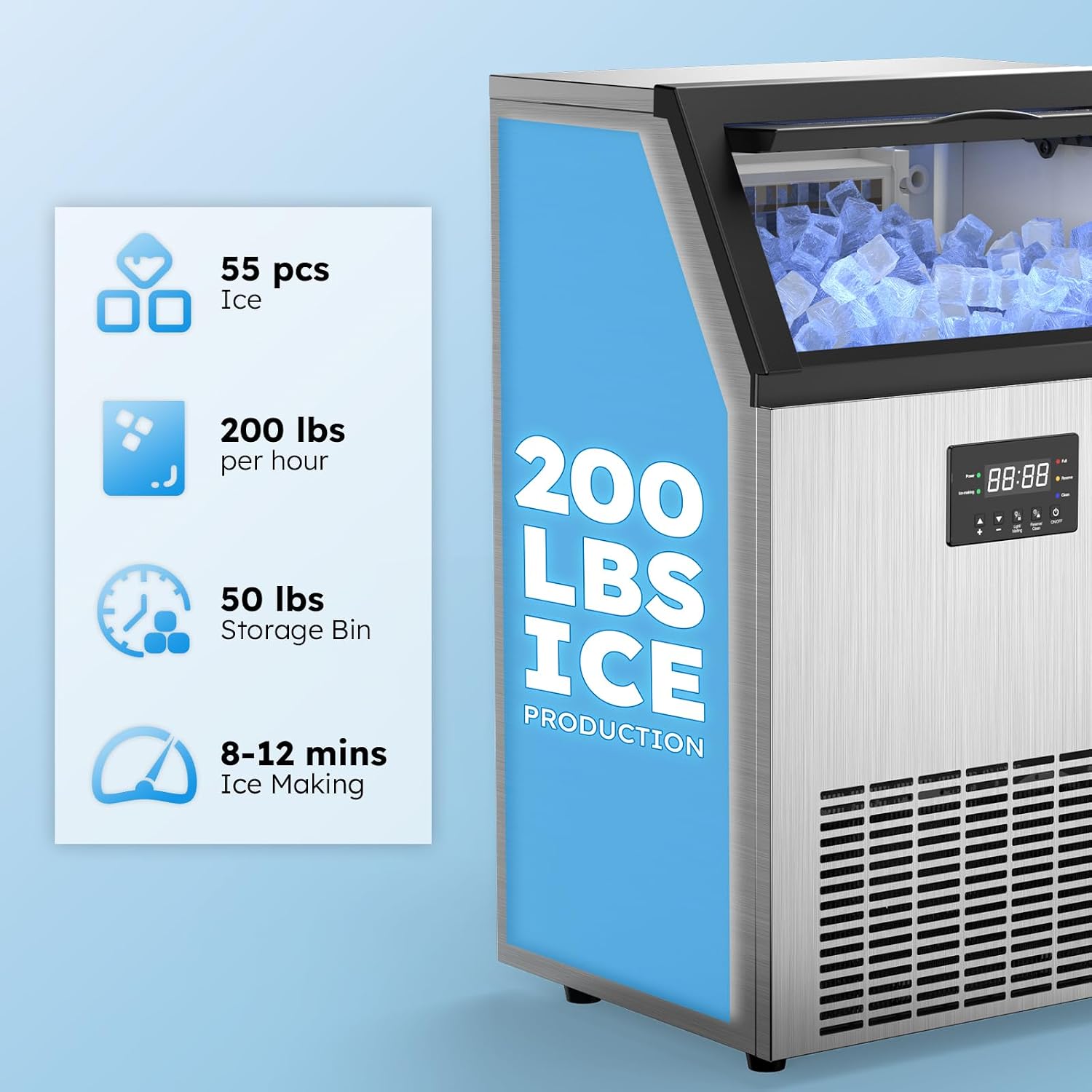 Ice Maker Commercial 200Lbs/24H, Commercial Ice Machine 50 LBS Storage Bin, 55 Ice Cubes in 8-12 Mins Under Counter Ice Maker Machine for Bar, Coffee Shop, Thicknesses Adjustable