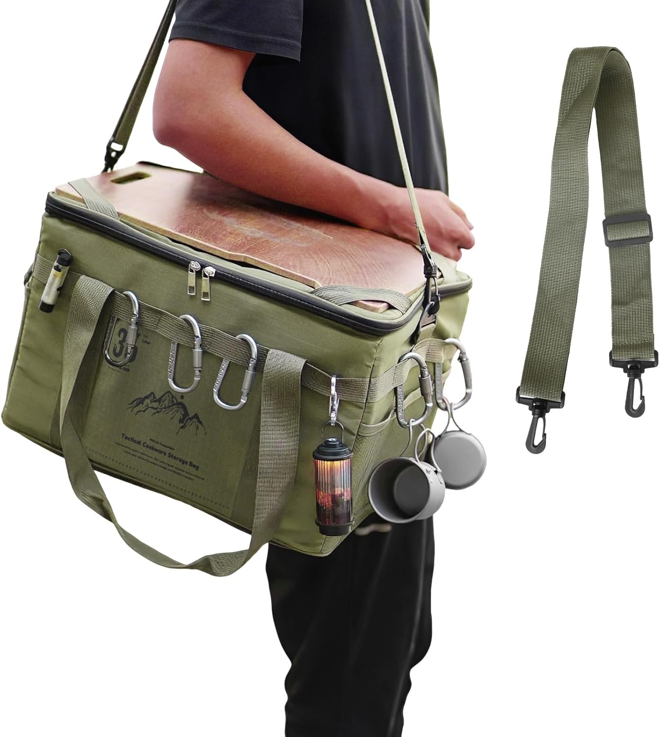 36L Tactical Camping Storage Tote Bag, Green Kitchen Organizer with Chopping Board and Shoulder Strap, Ideal for Camping, Hiking, and Vehicle Organization