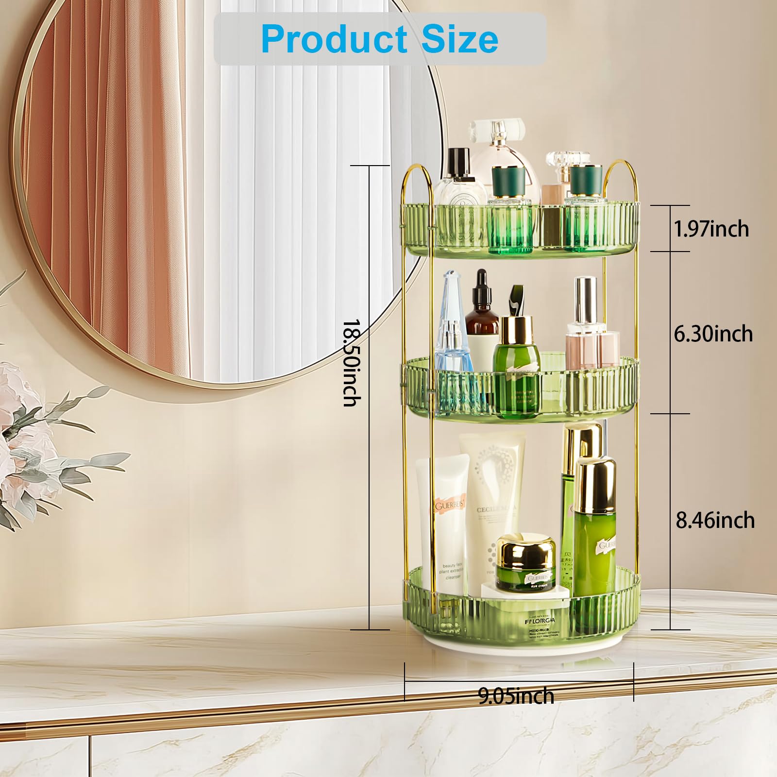 Um 360 Grad drehbarer Make-up-Organizer, große Kapazität, drehbarer Parfüm- und Kosmetik-Hautpflege-Halter für Schminktisch und Arbeitsplatte, (Gem Green, 3 Etagen)