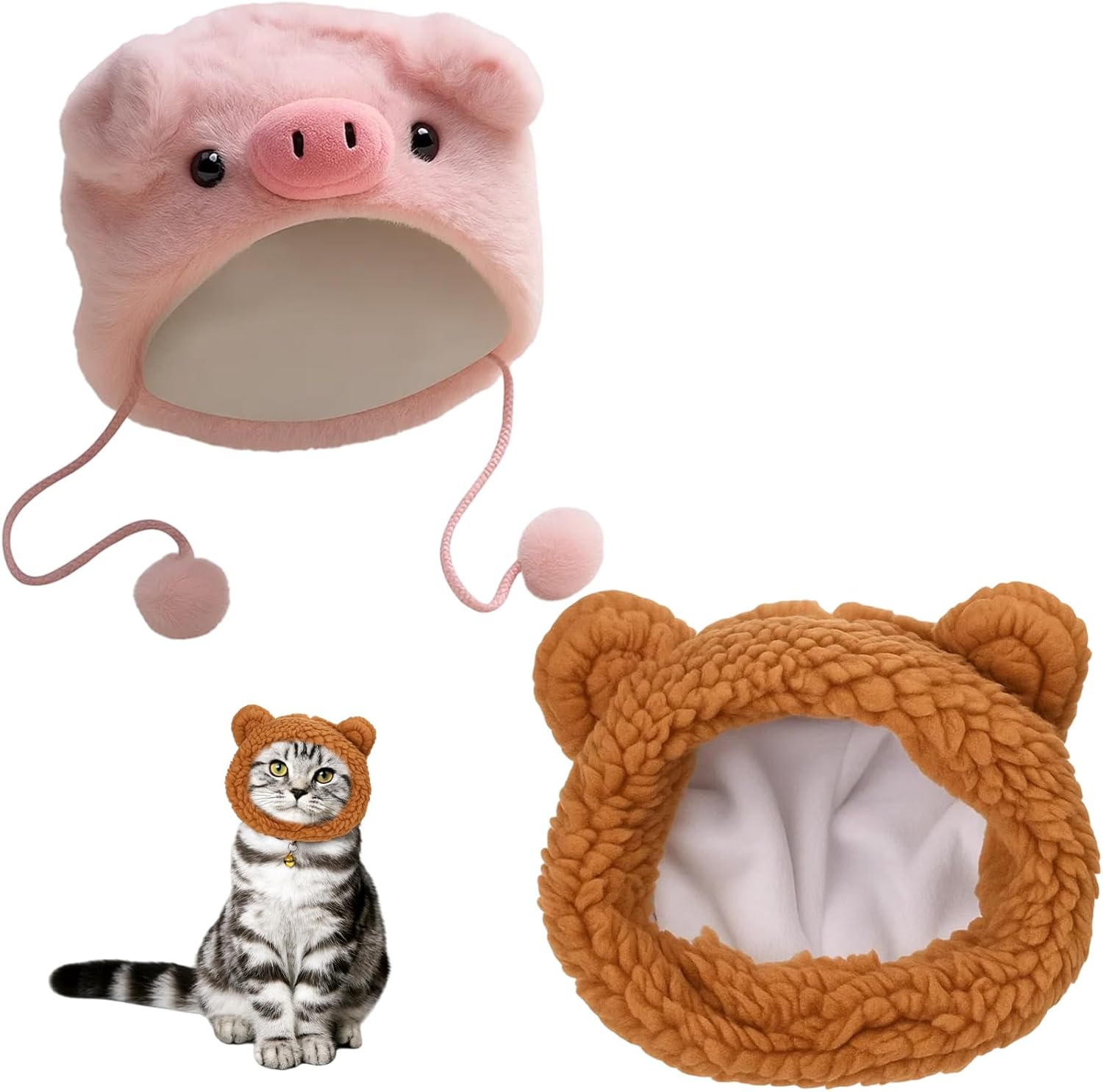 Cat Hat, 2 PCS Bear and Rabbit Style Cat Clothing Set, Soft Fabric Pet Accessories for Winter and Parties Clothing