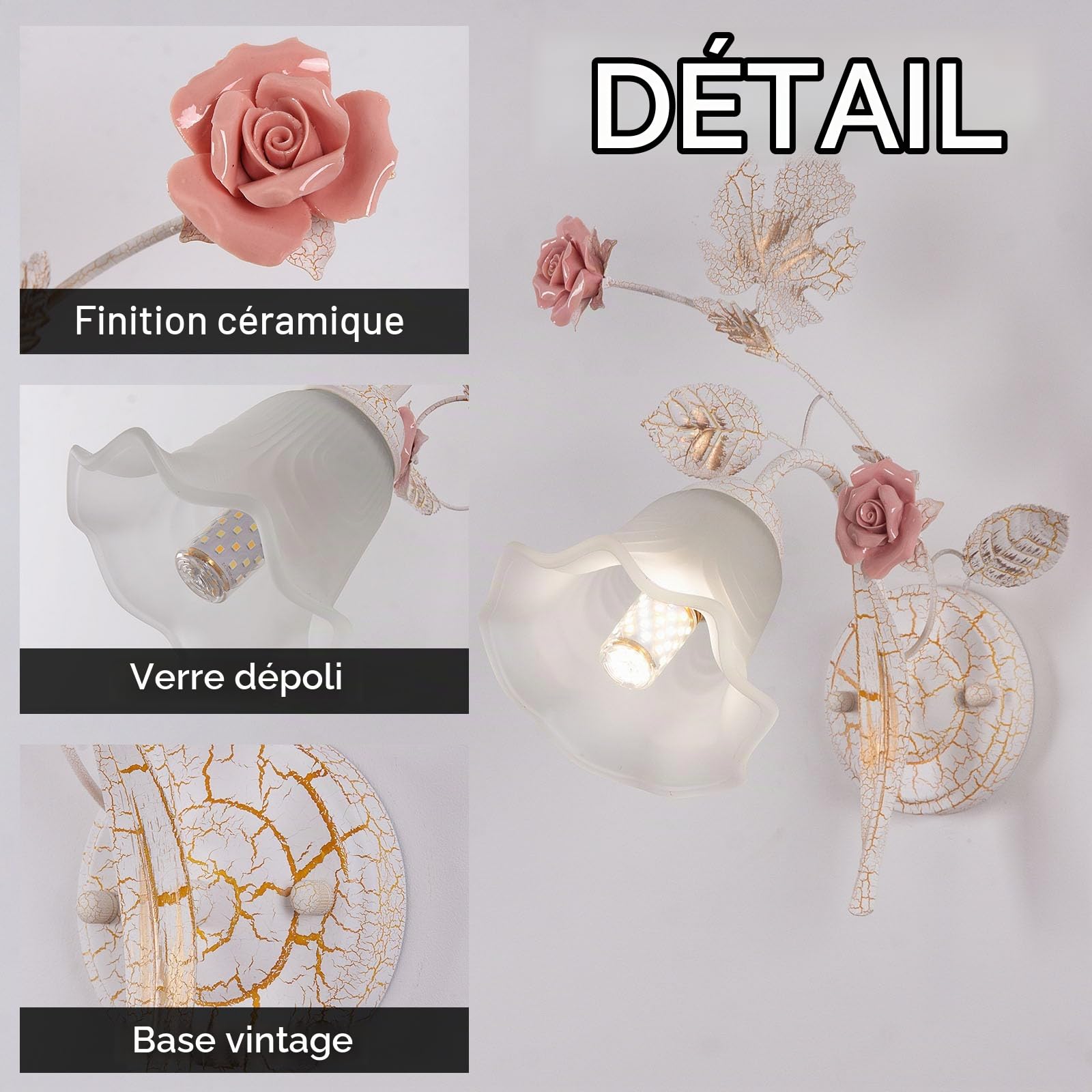 Vintage Fleur Applique Murale en Verre,Lampe De Chevet Chambre Fleurs en Craquelé Déco Métal Base,applique en forme de fleur en Céramique pour Salon,Cuisine,Couloir,Chevet,Escaliers,1TêTe.