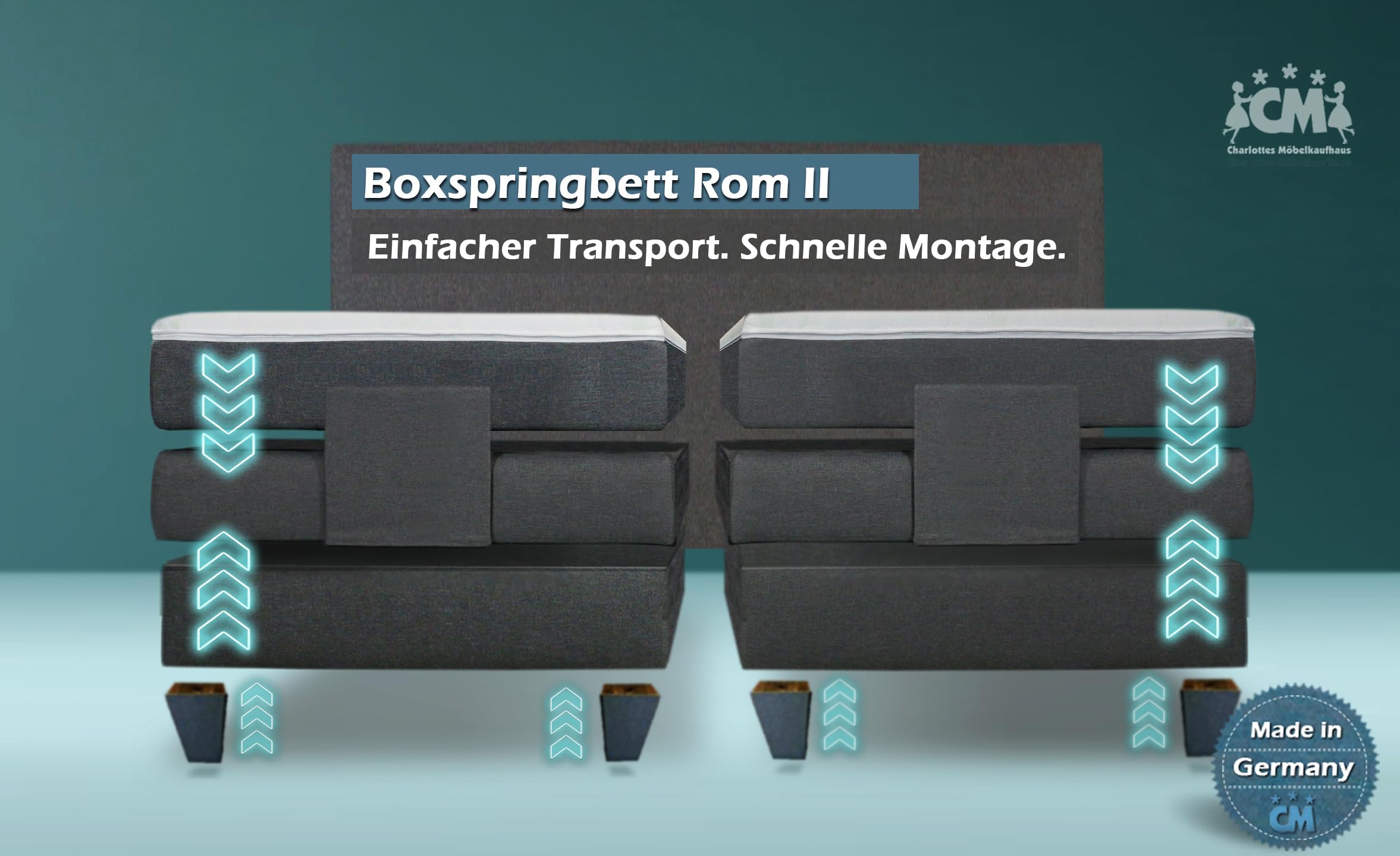 Boxspringbett ROM II elektrisch verstellbar 180x200 Härtegrad H2 H3 Boxspringbett mit Motor 180 x 200 cm 7-Zonen Tonnentaschenfederkern und Topper