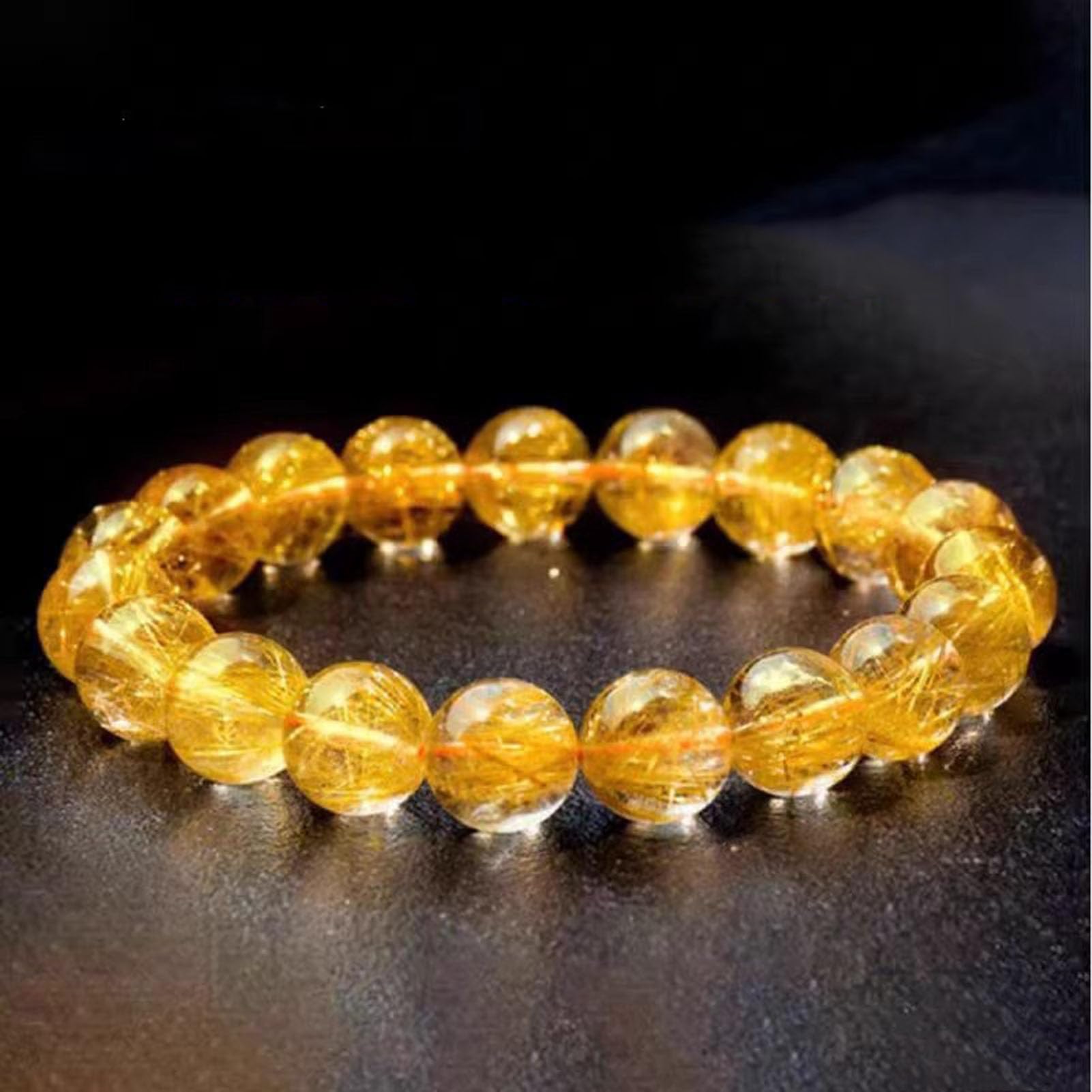 Pulsera de Cuarzo rutilado Amarillo con Piedras Preciosas curativas, Cristales Naturales, Pulsera de Cuentas Chakras, Cuentas de Cristal Ajustables, Cuarzo rutilado Dorado, Pulido,10MM