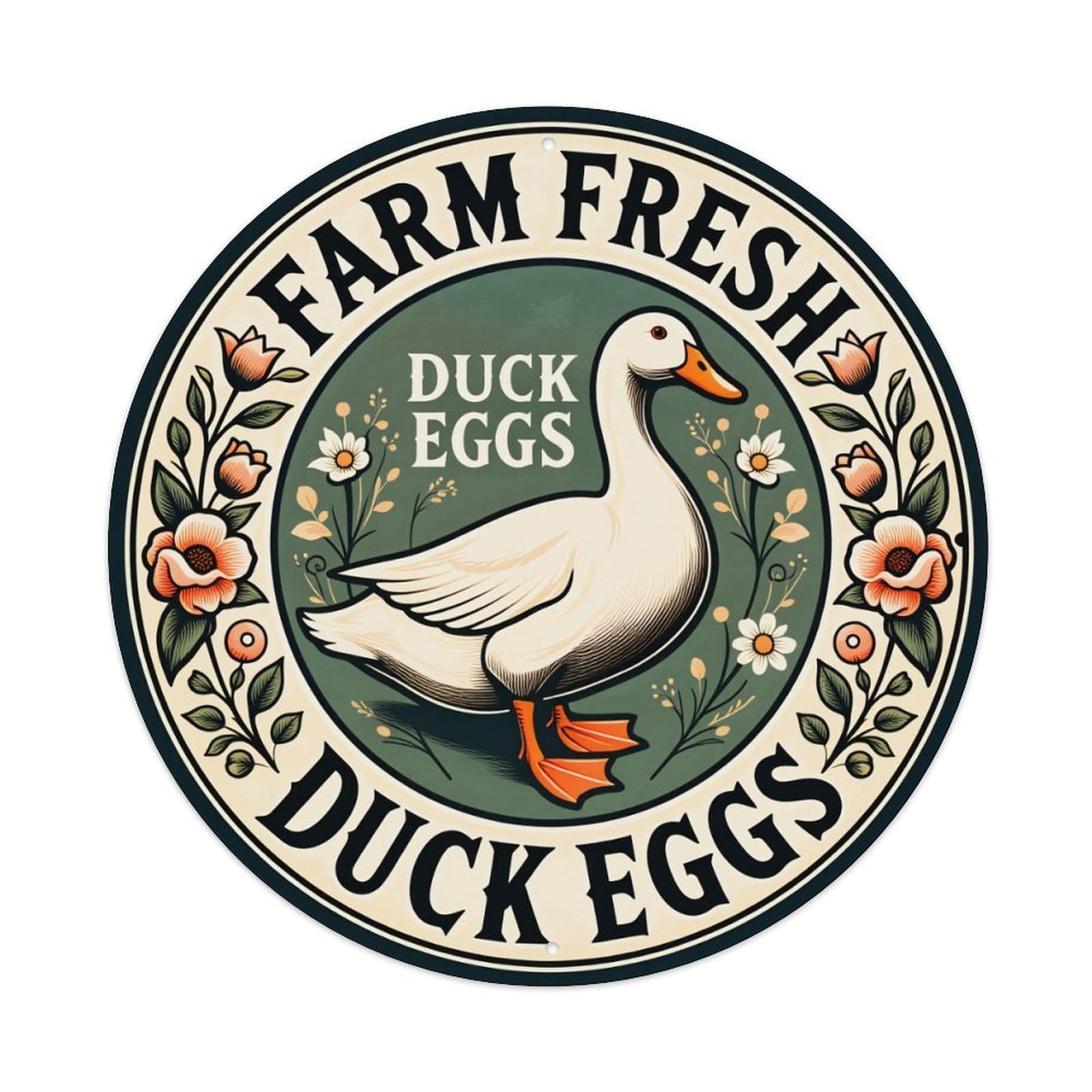 Wmlzdnwr Vintage Farm Fresh Duck Eggs Floral Design Round Tin Sign,Retro Wall Art,Metal Poster For Home, Bar, Garage, Cafe, Rustic Indoor & Outdoor Decor, 8X8 Inches