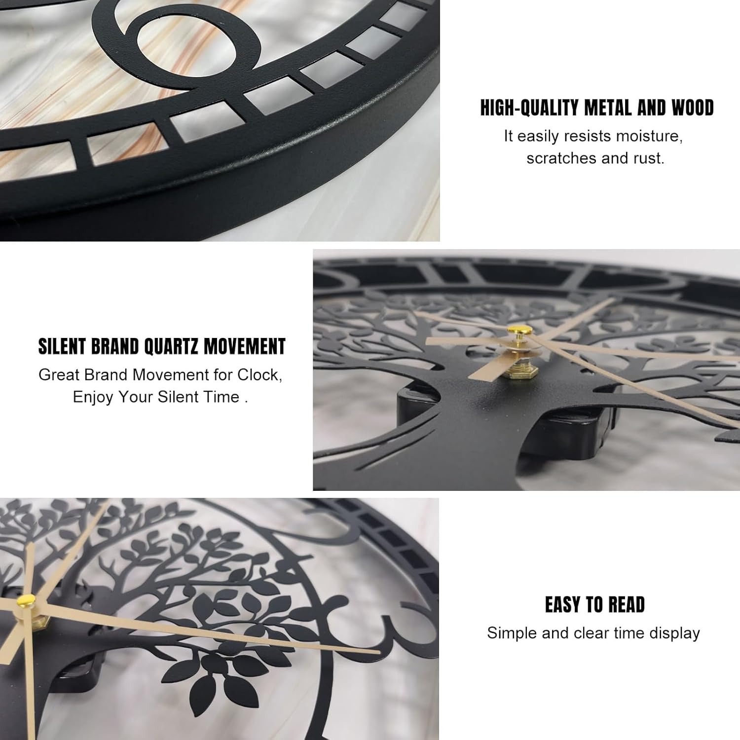 big wall clock - wall clocks for living room decor, quiet and no ticking suitable for wall decor, living room decoration, kitchen decoration black tree of life straight border 16in