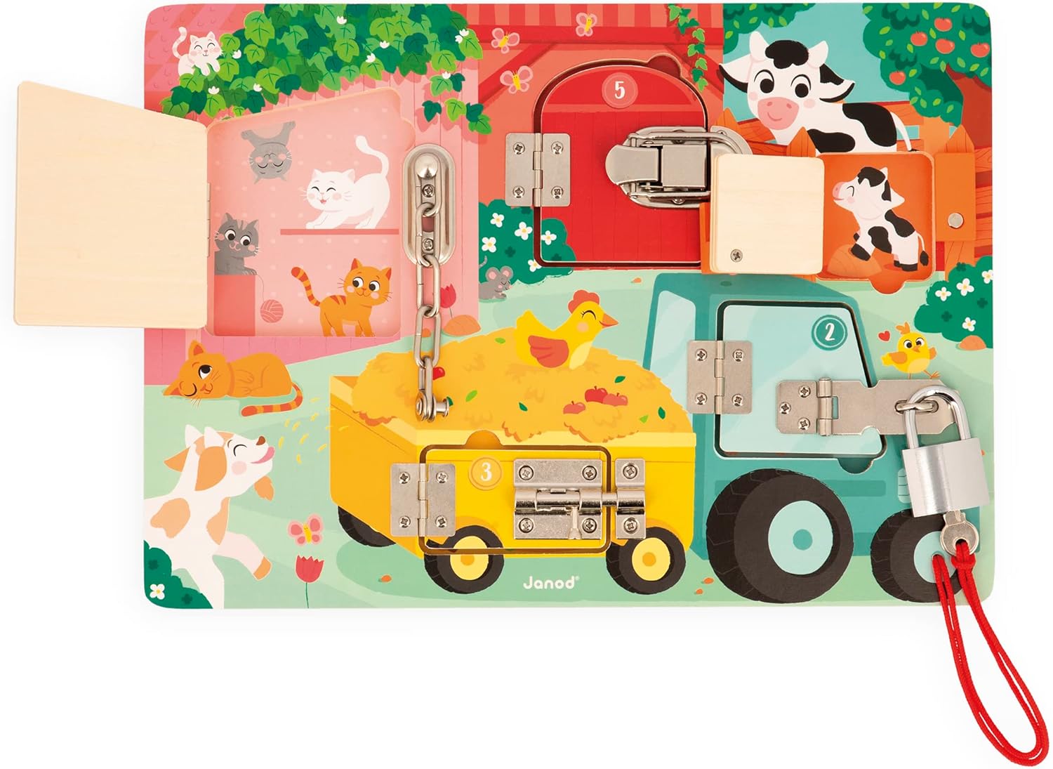 Janod Farm Padlocks Board - Latching and Locking Puzzle - Ages 3-6 - J07119