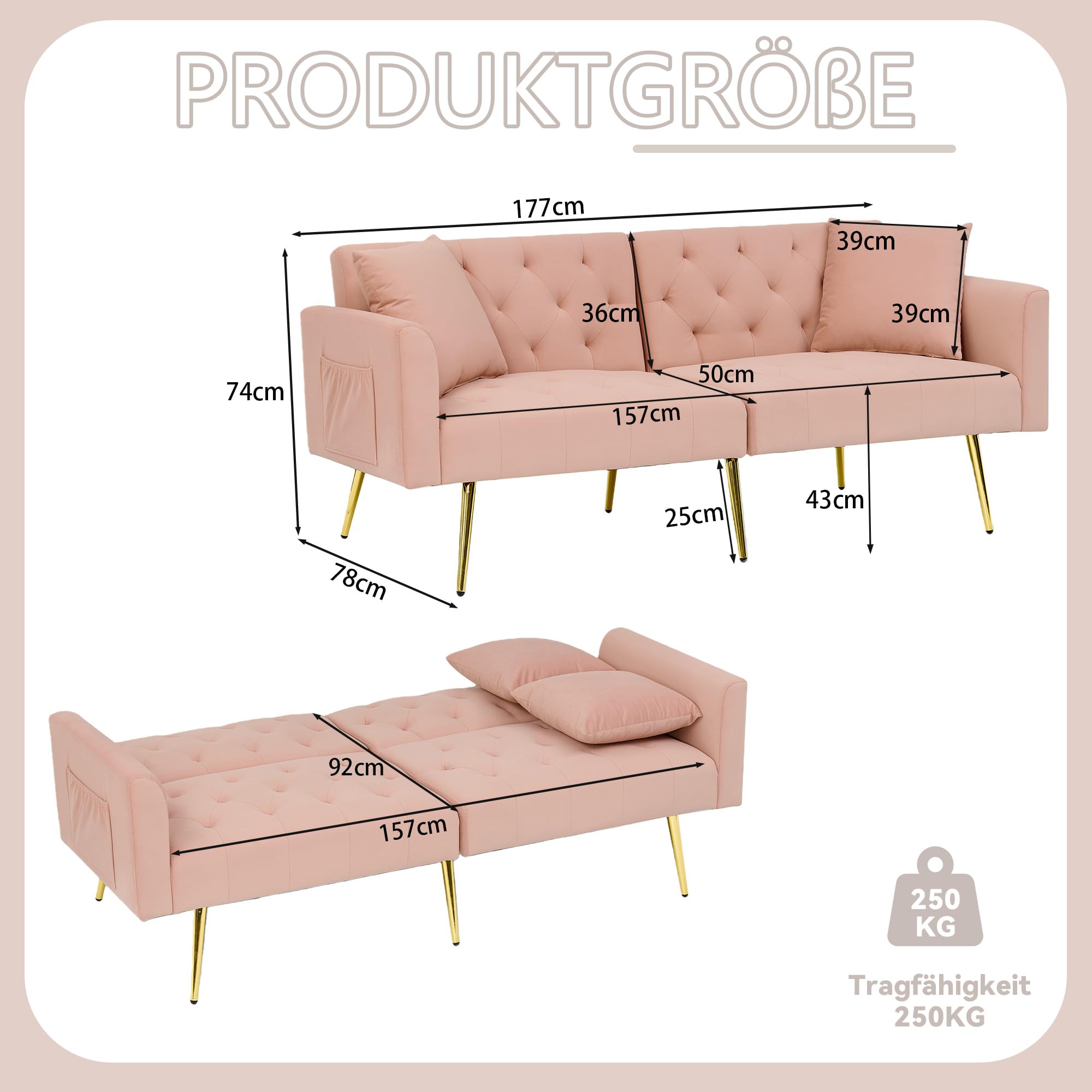 DRIXNO Schlafsofa mit Schlaffunktion, Klappsofa Sofa 3 Sitzer, 3-stufige Verstellbare Rückenlehne, 2 Beigelegte Kissen, Samtstoffe Zweiersofa, Für Wohnzimmer, Büro, Lounge, Schlafzimmer, Rosa