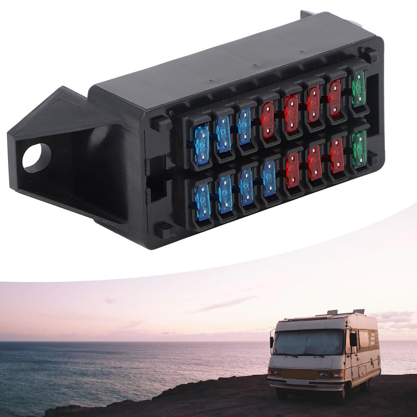 Caja De Fusibles De Cuchilla 16 Vías ATC/ATO - Incluye 16 Fusibles (10A,15A,30A) Y 32 Terminales - Material ABS Resistente, Fácil Instalación, Para Coche, Barco, Camión