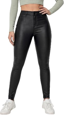 THE LOVE BRAND Women Faux Leather Pants Black Mid Waist Skinny Leggings Leather Pants Trousers with Pockets