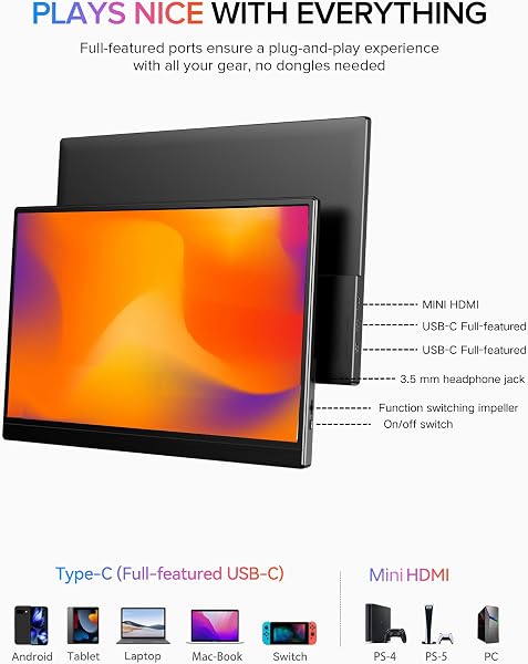 EVICIV Portable Monitor 15.6" 1080P, 125% sRGB 3000:1 FHD 350Nit 16:9 Travel Second Screen w/VESA, Eyc Care USB-C Mini HDMI External Display for Laptop/PC/Phone/Tablet, Compatible with PS5/Xbox/Switch - 5