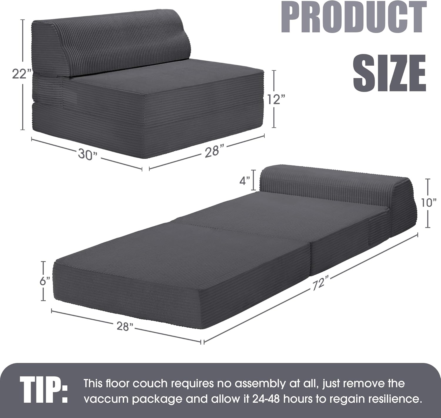 Folding Sofa Bed with Pillow, Memory Foam Fold Out Chair Bed, Convertible Sleeper Chair with Washable Cover, Futon Floor Couch for Living Room/Dorm/Guest Use/Home Office/Apartment, Gray