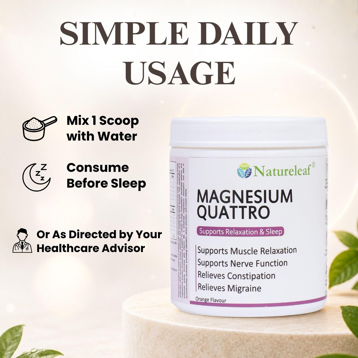 Natureleaf Magnesium Quattro Powder with Vitamin B6 | Magnesium Citrate, Glycinate, Malate & Oxide Blend | Supports Muscle Relaxation, Sleep, Nerve Function & Bone Health | Orange Flavour | 250g 2
