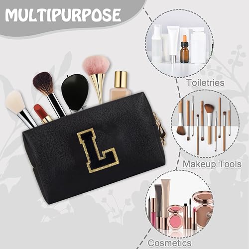 Miniatura 4 de Biileen Bolsa de maquillaje preppy inicial personalizada Pequeña bolsa de carta de chenilla de viaje linda, Negro -, Moda